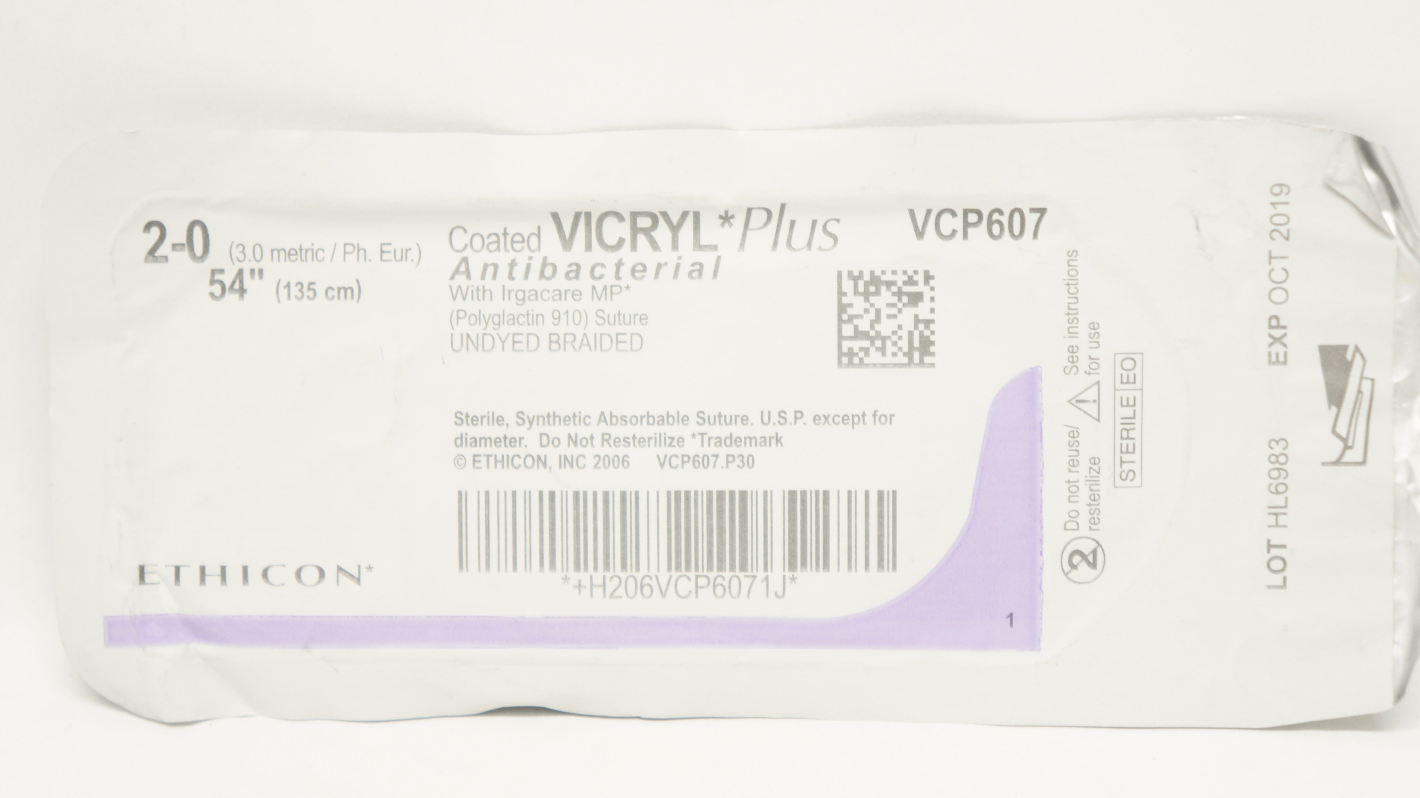 Ethicon VCP607 2-0 Coated Vicryl Plus Antibacterial Stre, 54 inch (x)