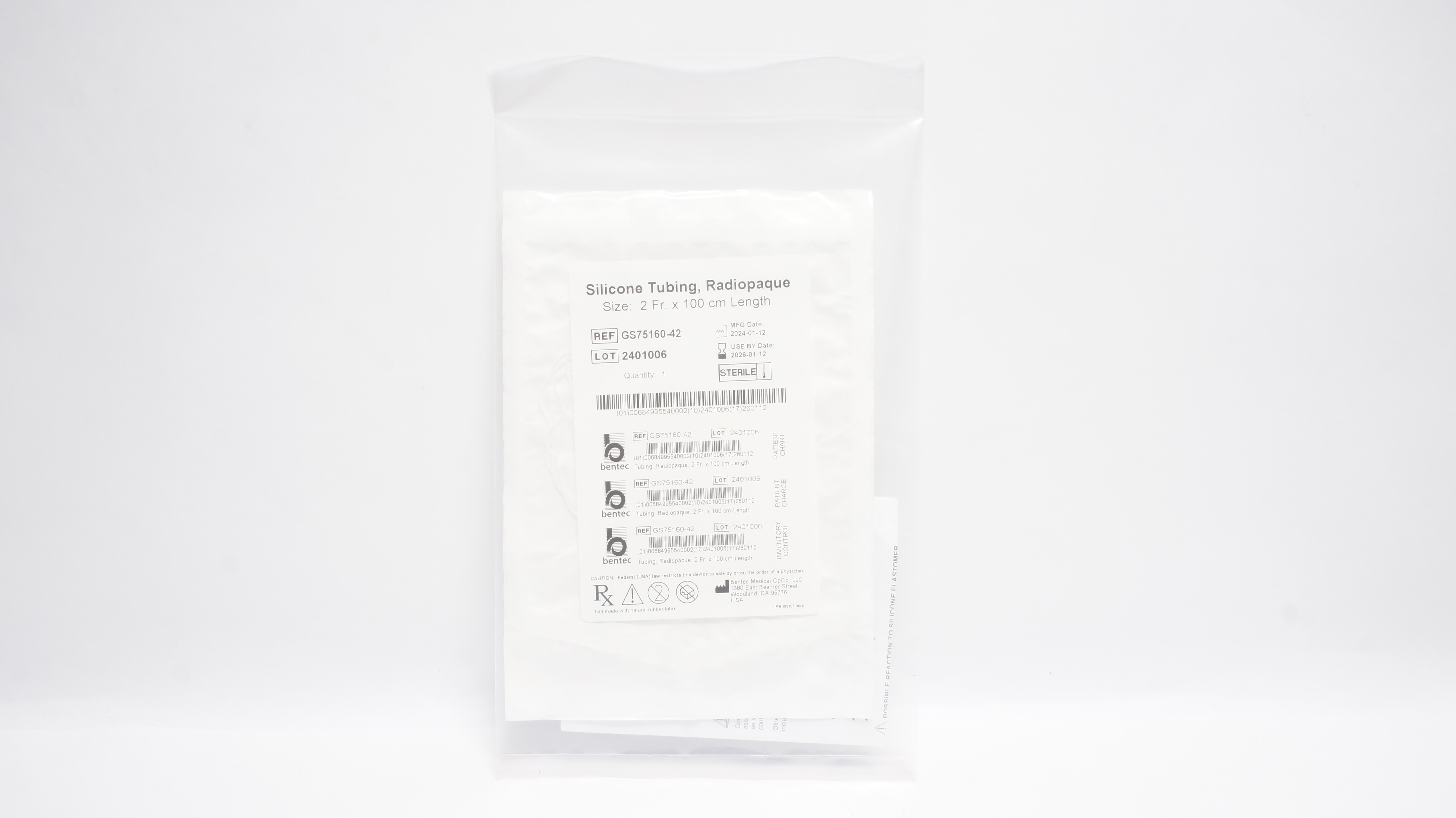 Bentec GS75160-42 Radiopaque Silicone Elastomeric Tubing 2Fr x 100cm Length  (x)