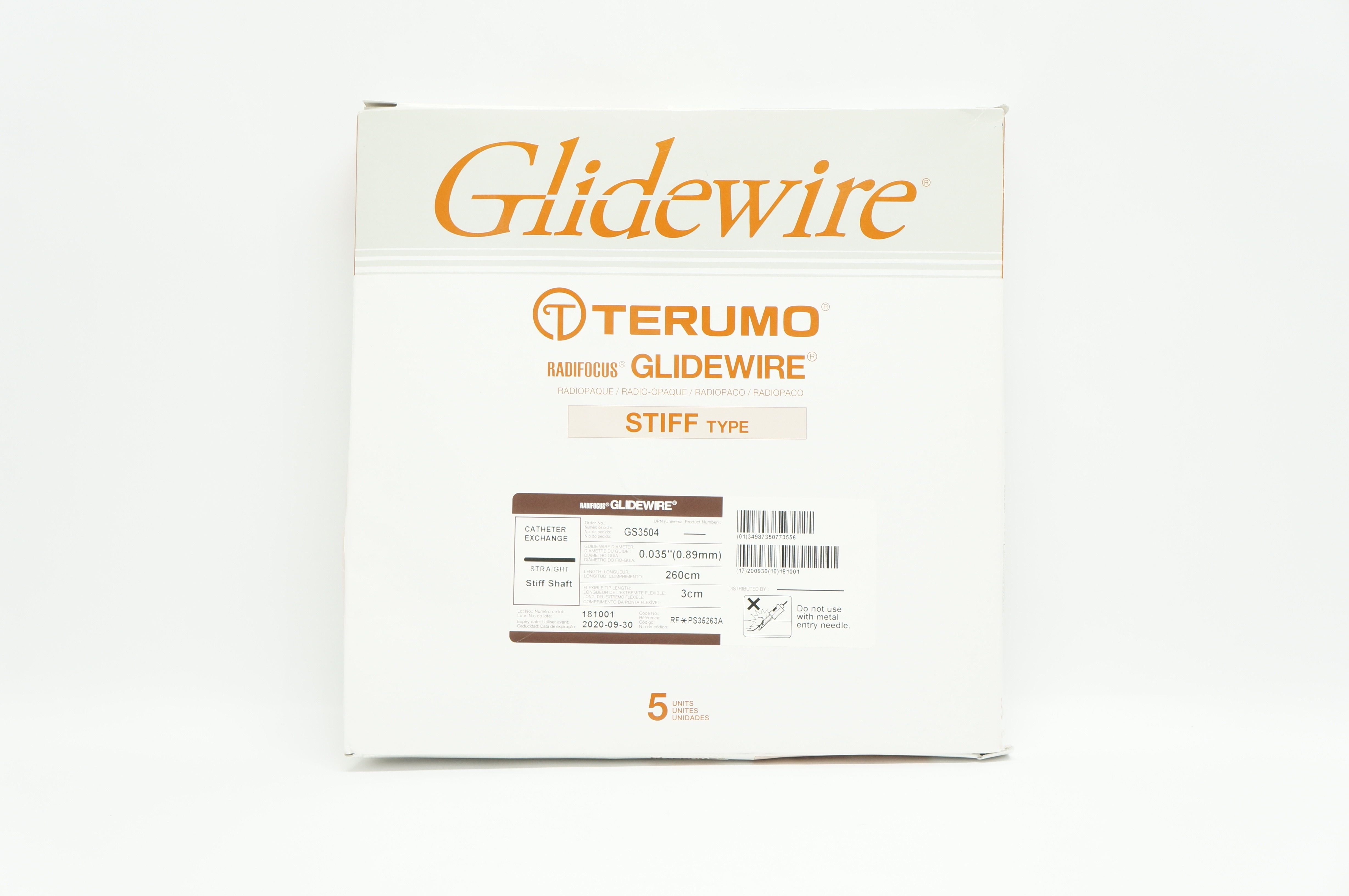 Terumo GS3504 Glidewire Cath Exchange Straight 0.035in. x 260cm (x) - Box of 5
