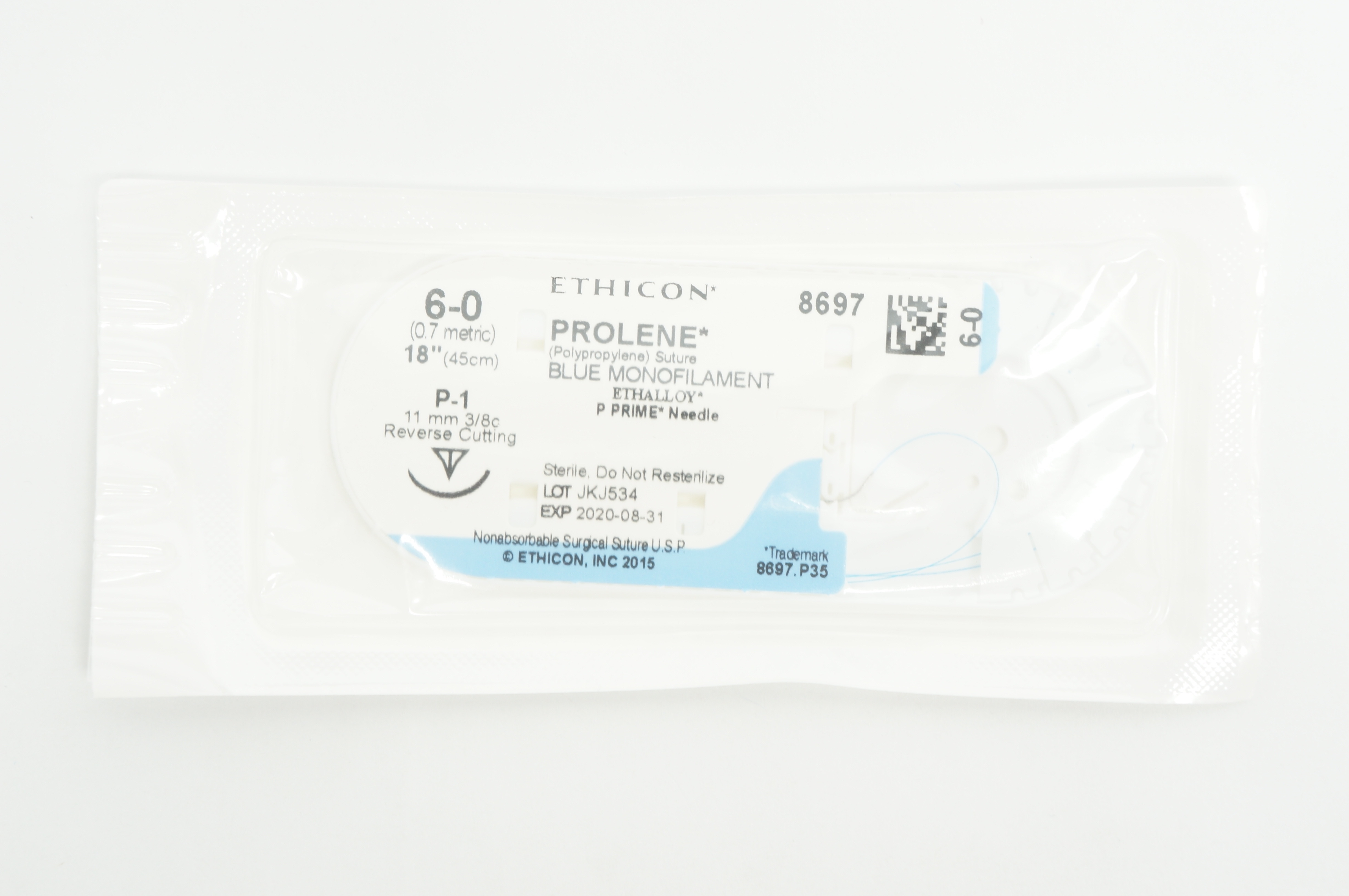 Ethicon 8697 6-0 PROLENE Stre P-1 11mm 3/8c Reverse Cutting, 18inch (x)