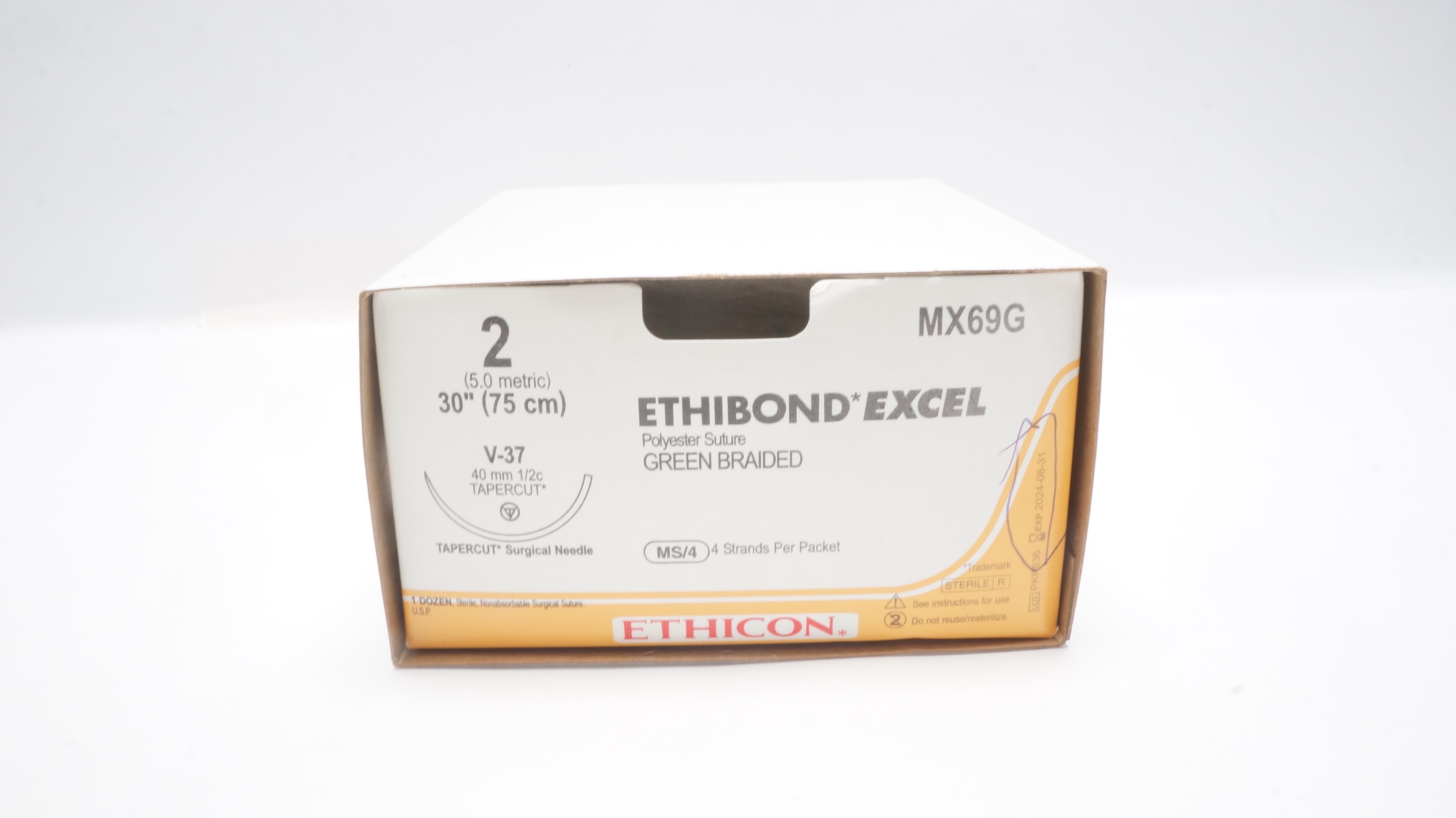 Ethicon MX69G 2 ETHIBOND EXCEL Stre V-37 40mm 1/2c Tapercut, 30inch - Box of 7