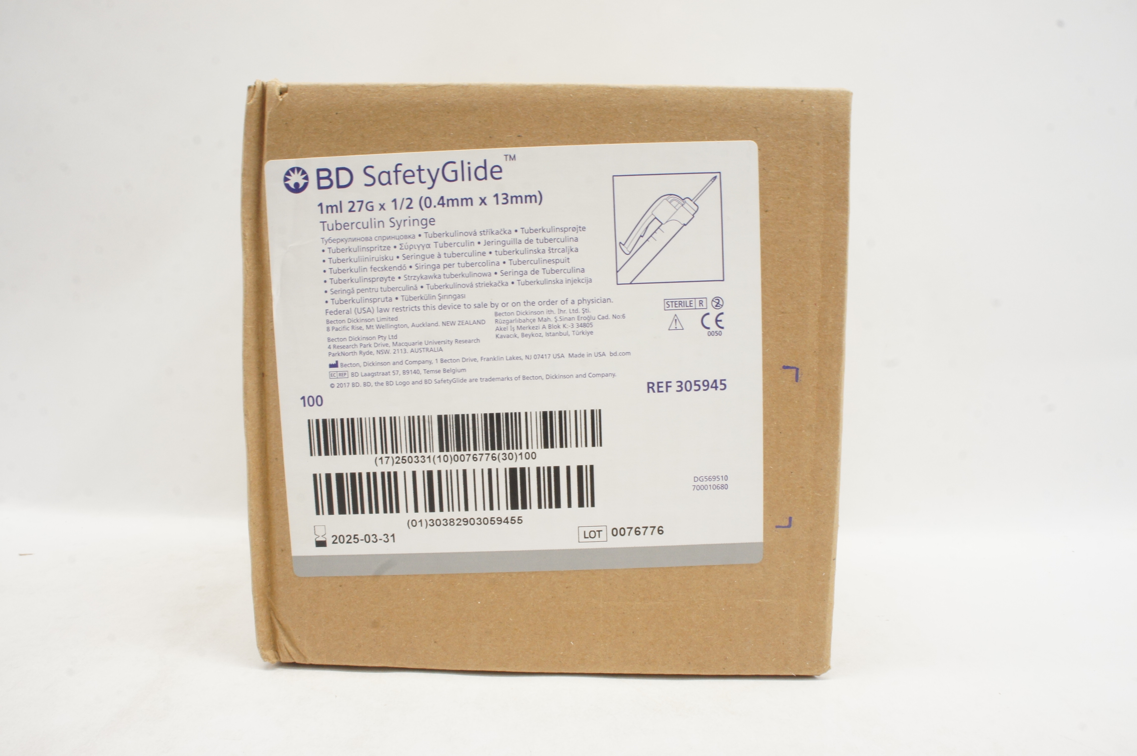 BD 305945 SafetyGlide Tuberculin Syringe, 1ml 27G x 1/2 - Box of 100