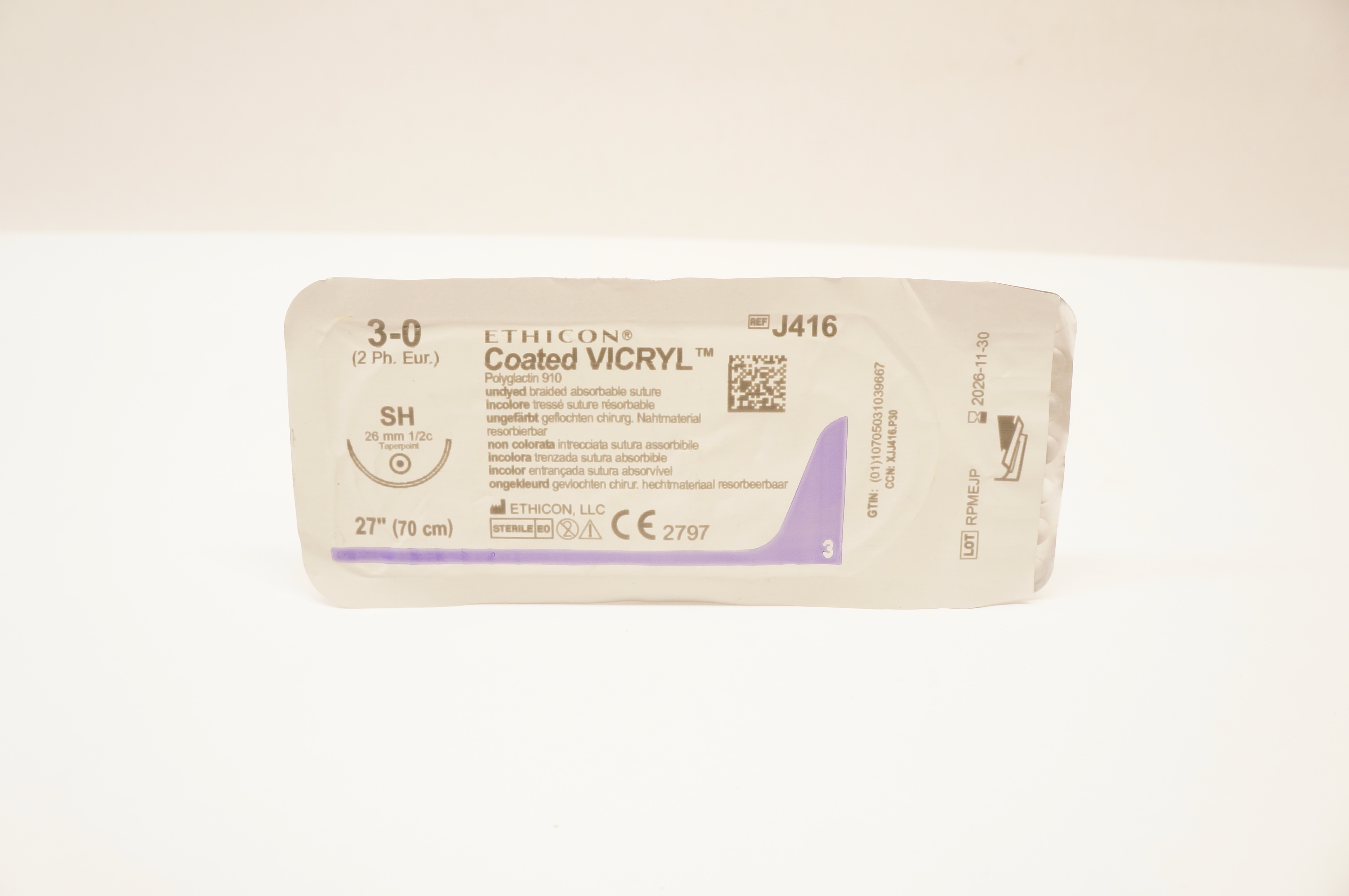 Ethicon J416 3-0 Coated VICRYL Polyglactin Stre SH 26mm 1/2c Taperpoint, 27inch