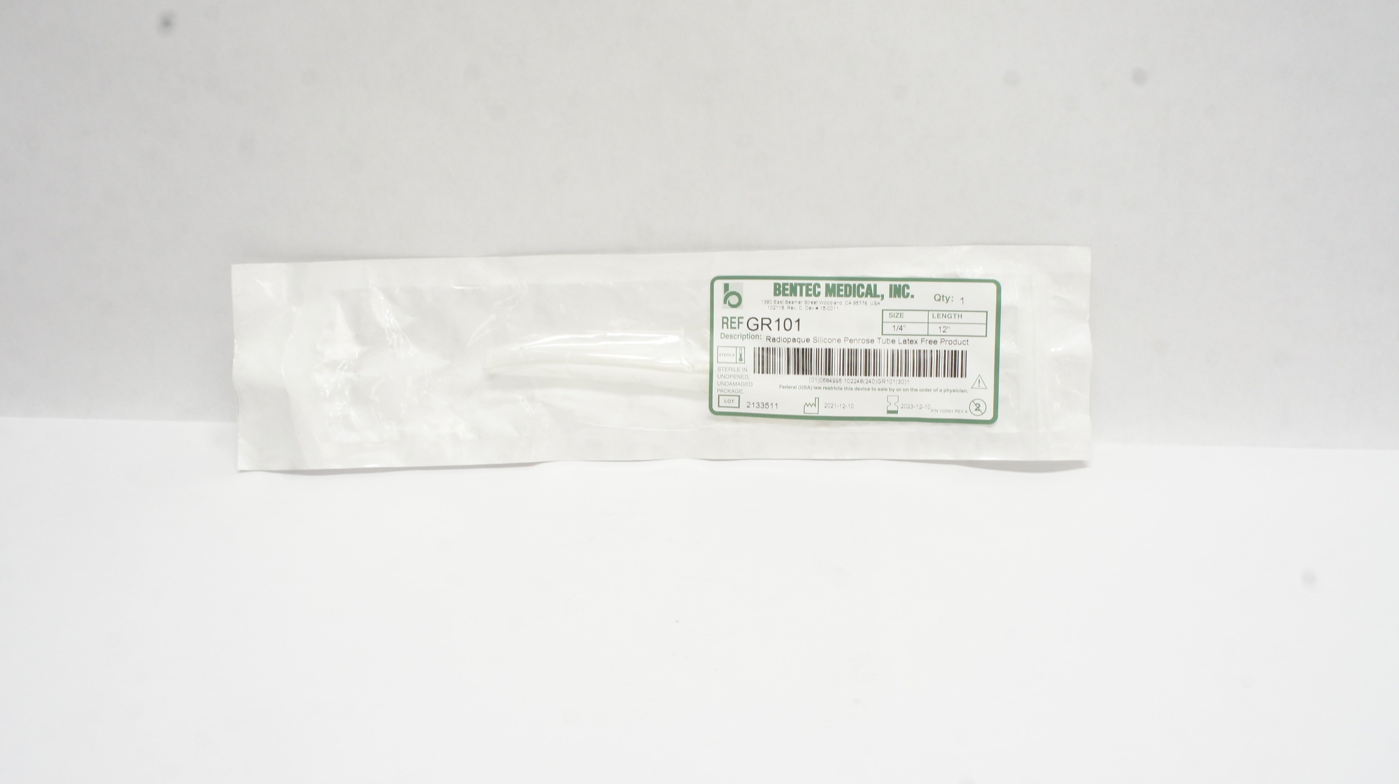 Bentec Medical GR101 Radiopaque Silicone Penrose Tube Latex Free 1/4 x 12inch(x)