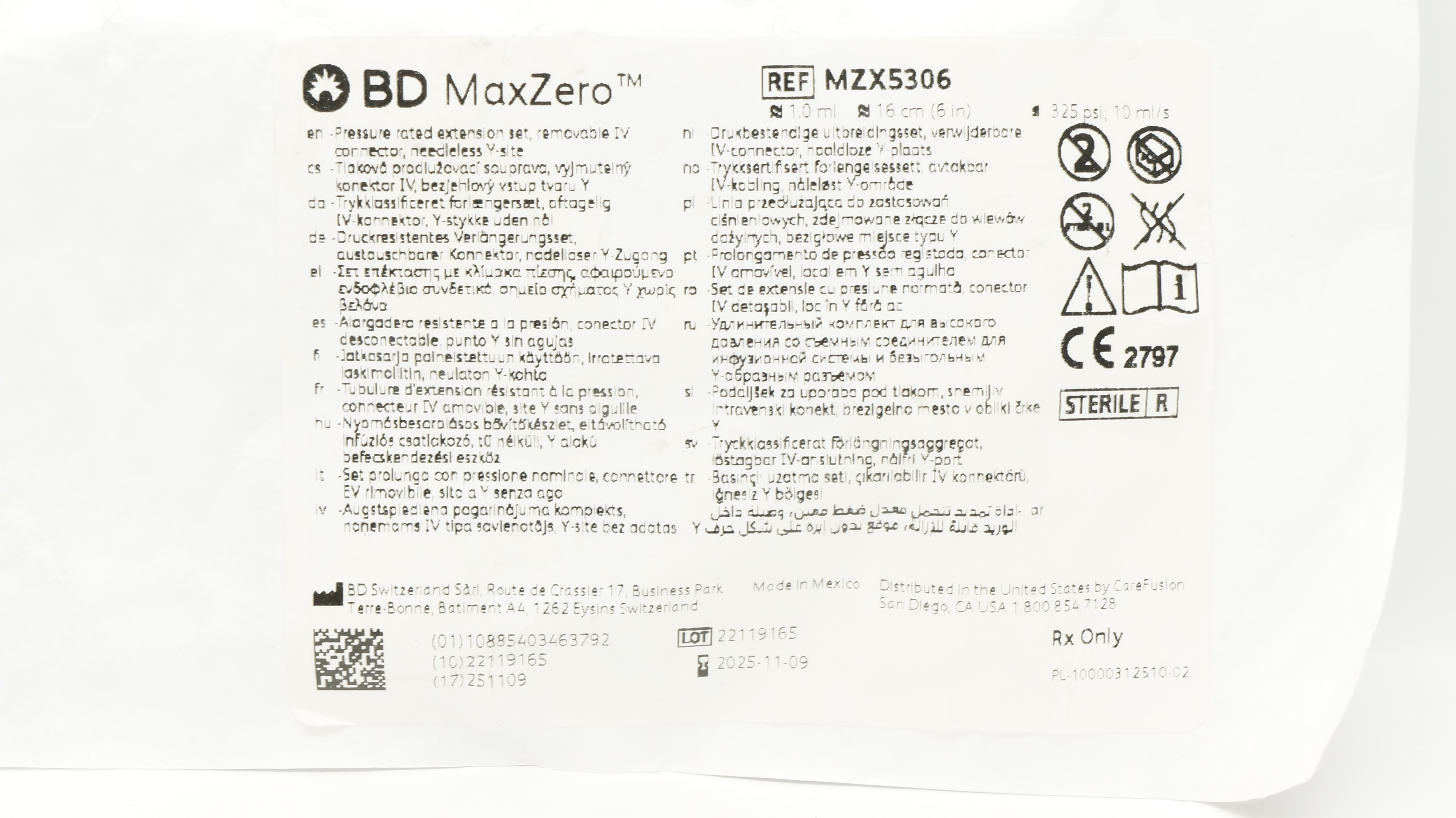 BD MaxZero MZX5306 Pressure Rated Extension Set W/IV Connector, Ndlelss Y-Syte