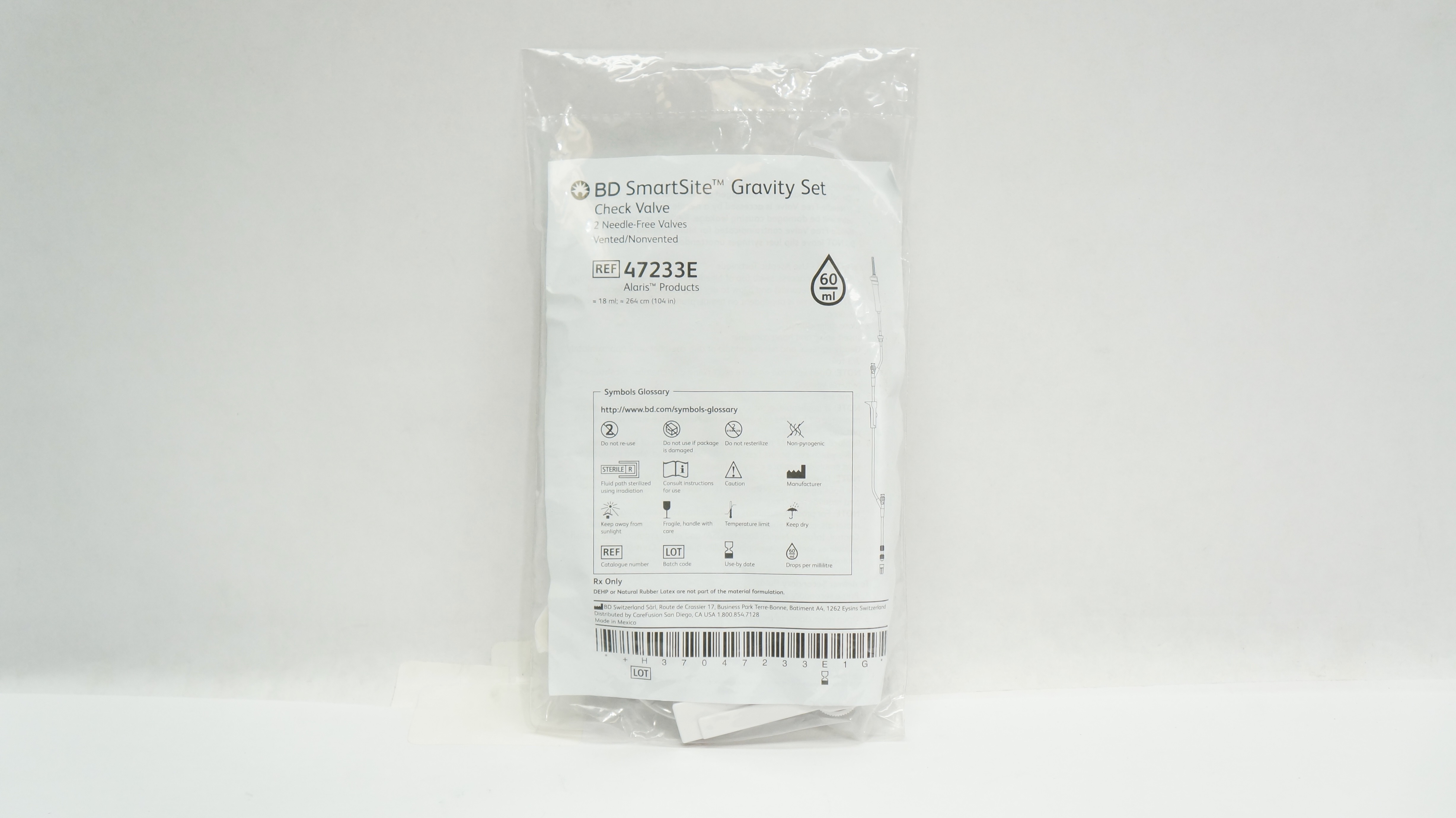 BD 47233E SmartSite Gravity Set Check Valve 104inch x 18mL, 60 drops/mL
