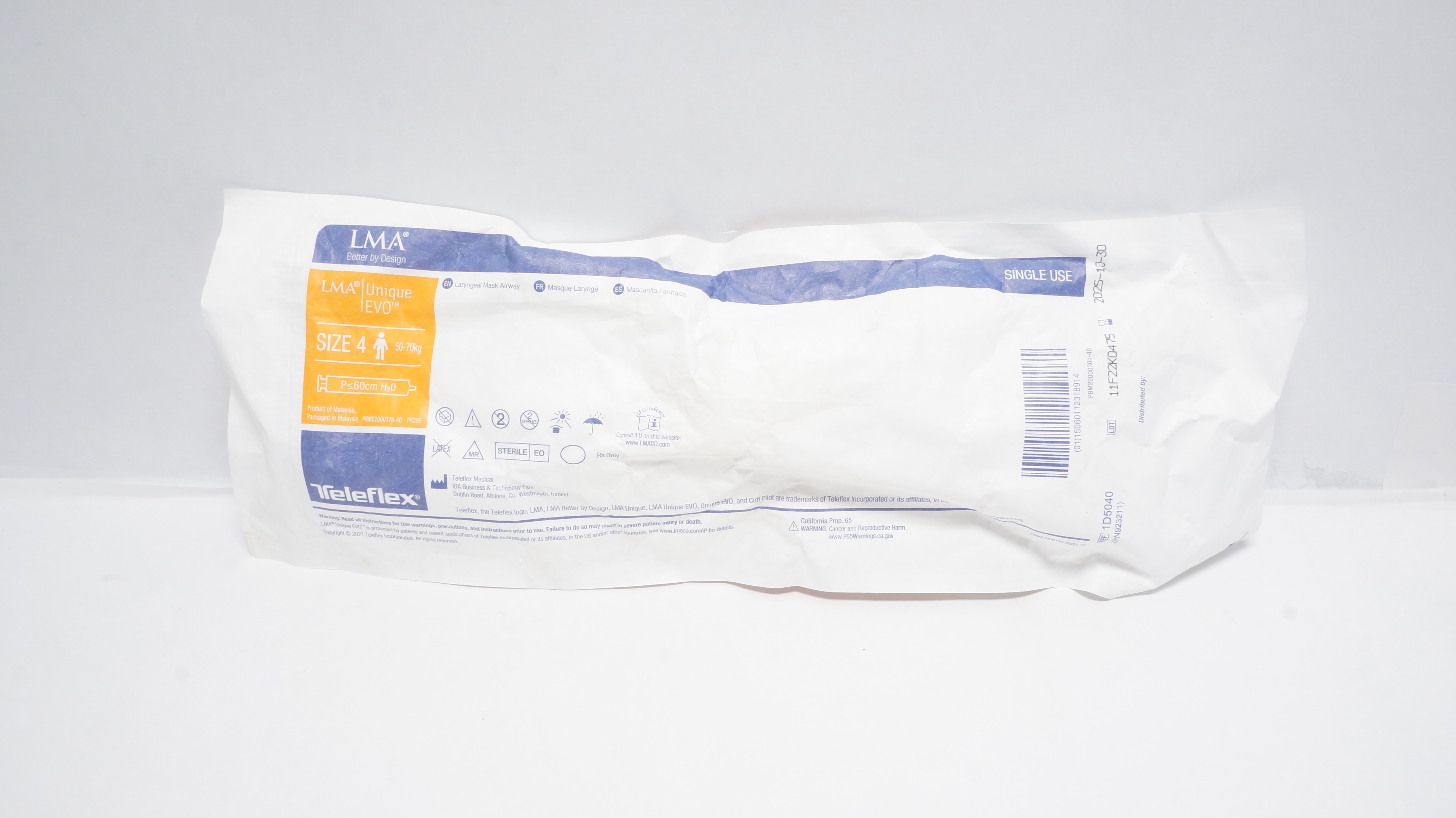 Teleflex 1D5040 LMA Unique EVO Laryngeal Mask Airway, Size 4, 50-70kg (x)
