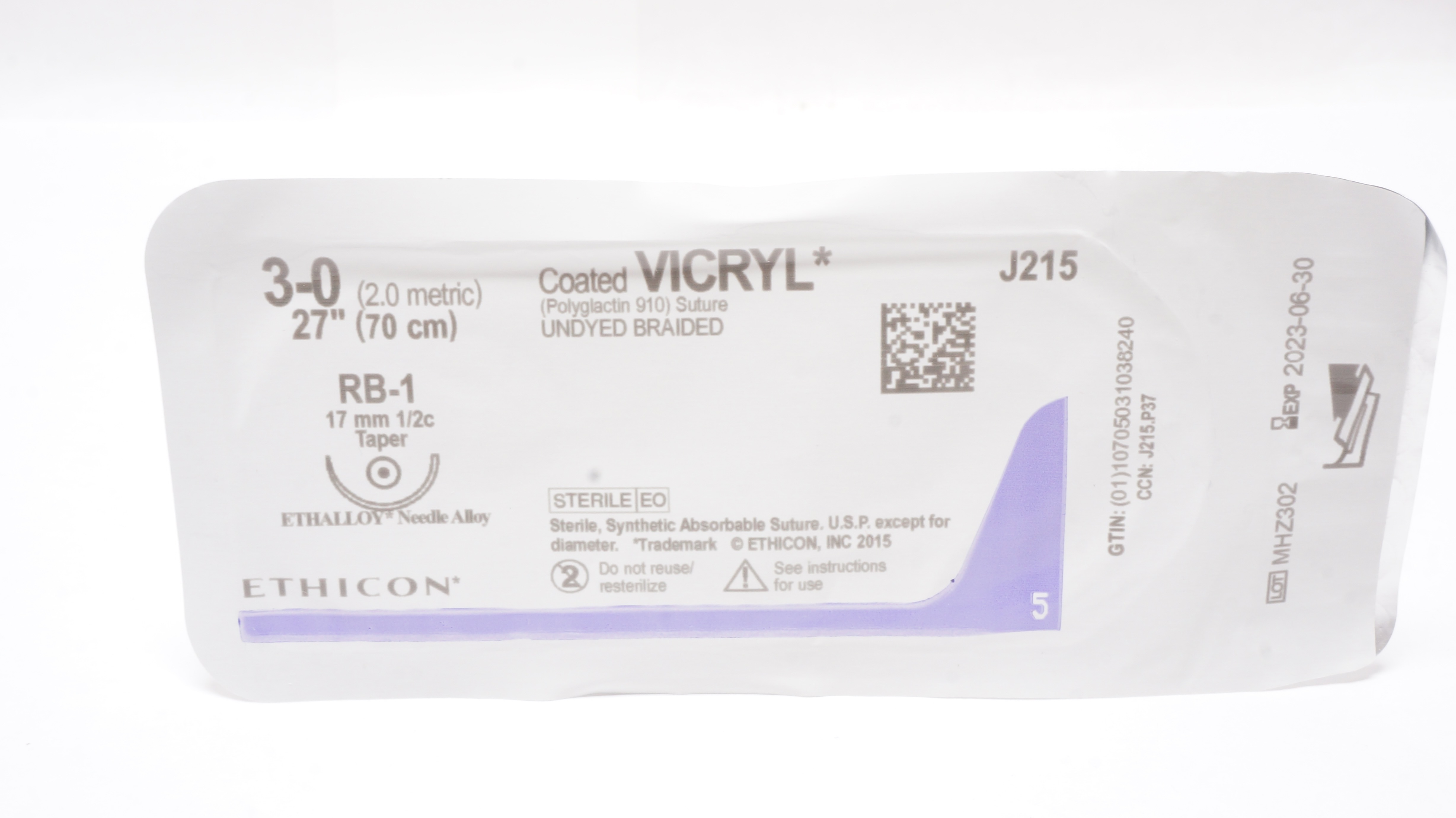 Ethicon J215 3-0 Coated VICRYL Polyglactin 910 Stre RB-1 17mm 1/2c Taper, 27inch