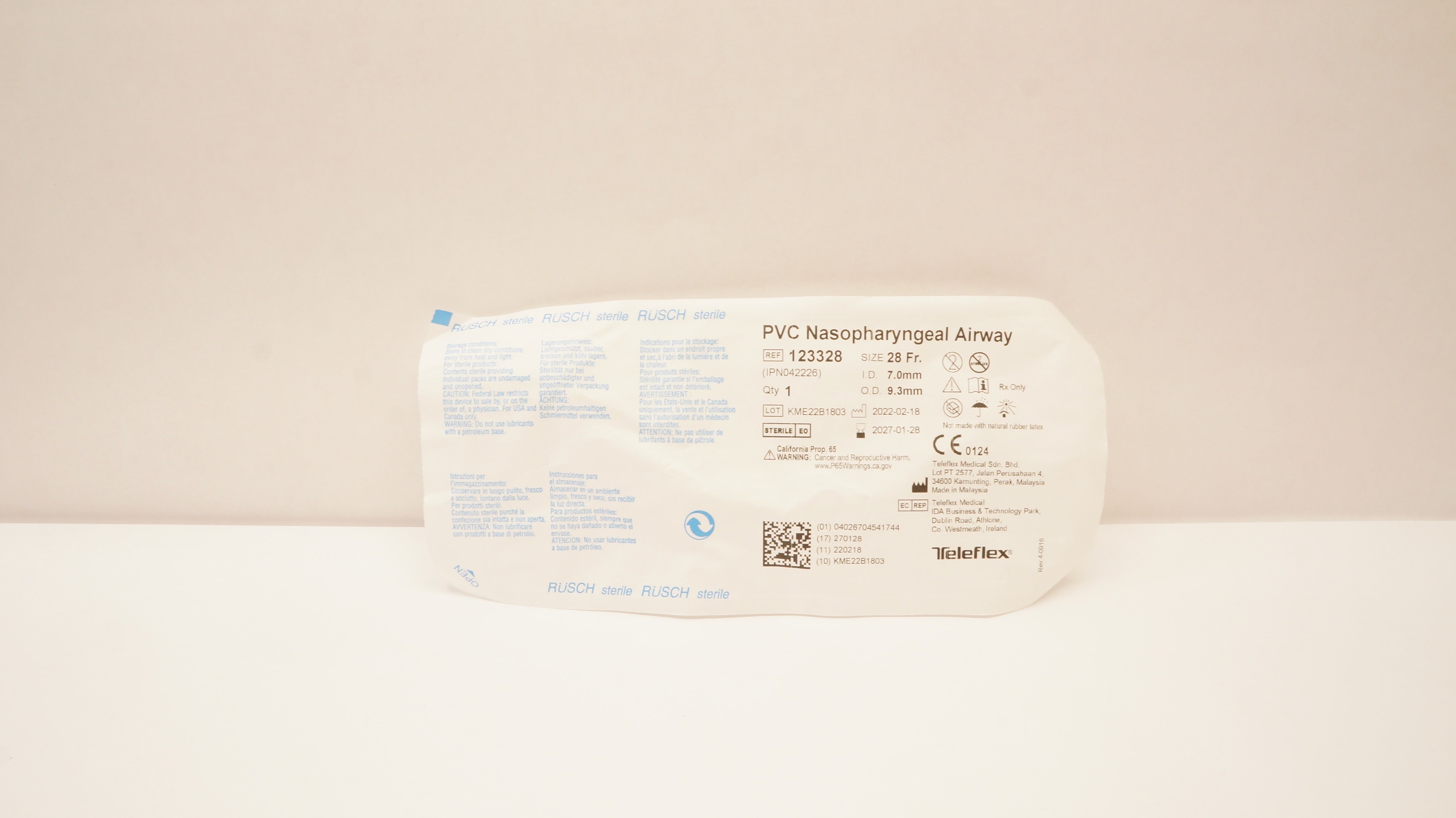 Teleflex 123328 Rusch PVC Nasopharyngeal Airway 28Fr. x ID 7.0mm x OD 9.3mm