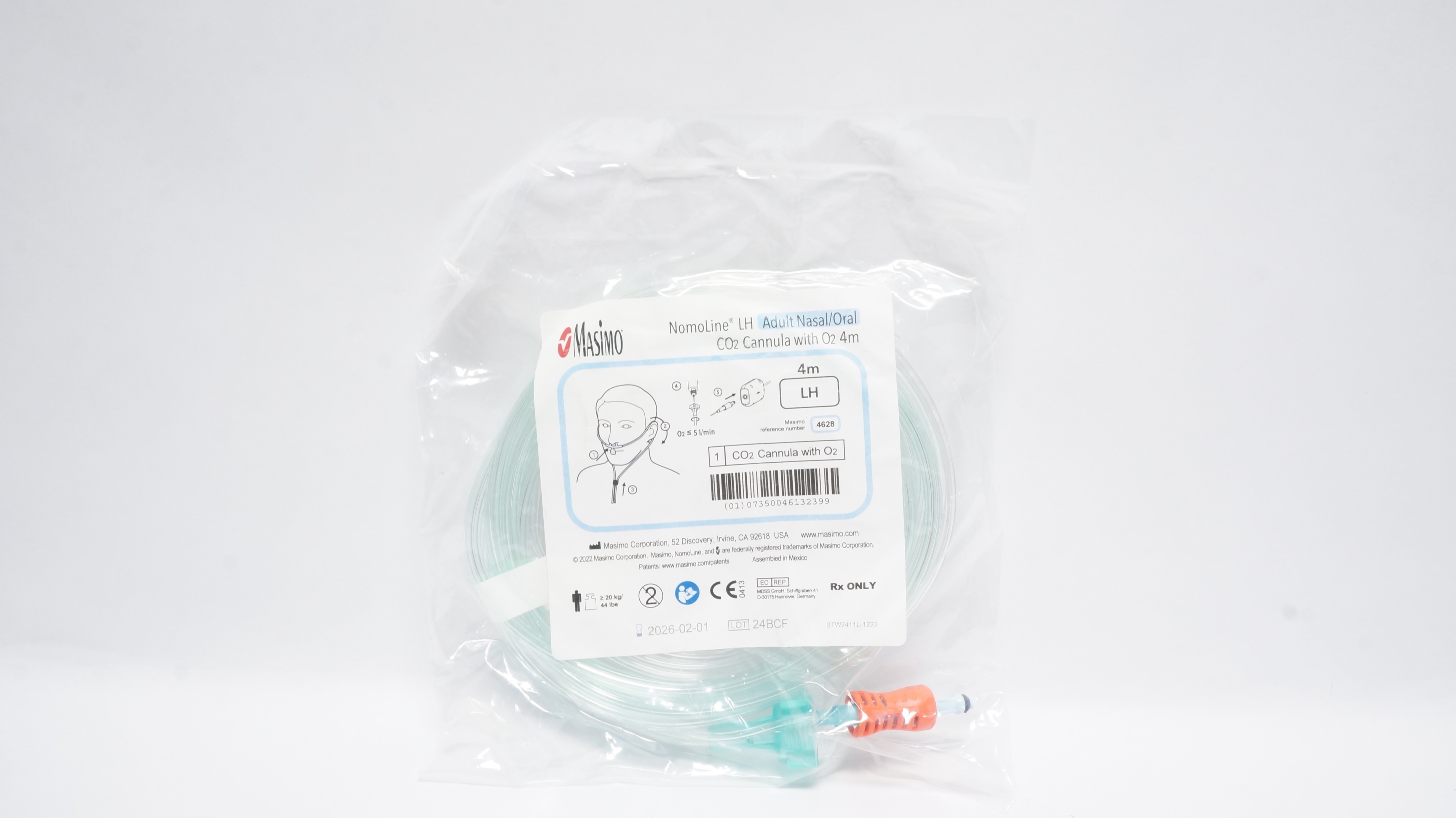 Masimo 4628 NomoLine LH Adult Nasal/Oral CO2 Cannula W/O2 4m 44lbs