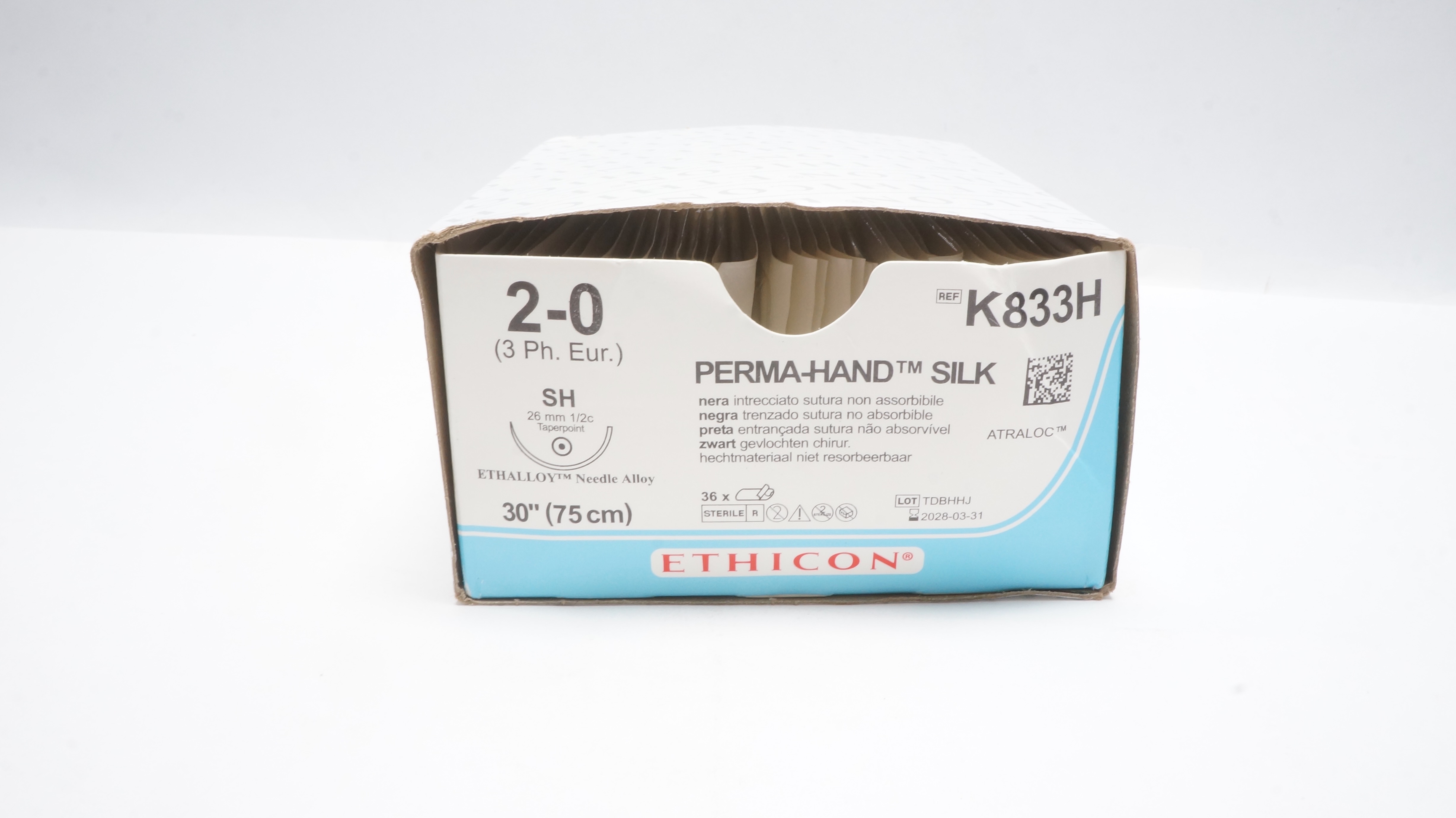 Ethicon K833H 2-0 PERMA-HAND SILK Stre, SH,26mm 1/2c Taper,30in. - Box of 36