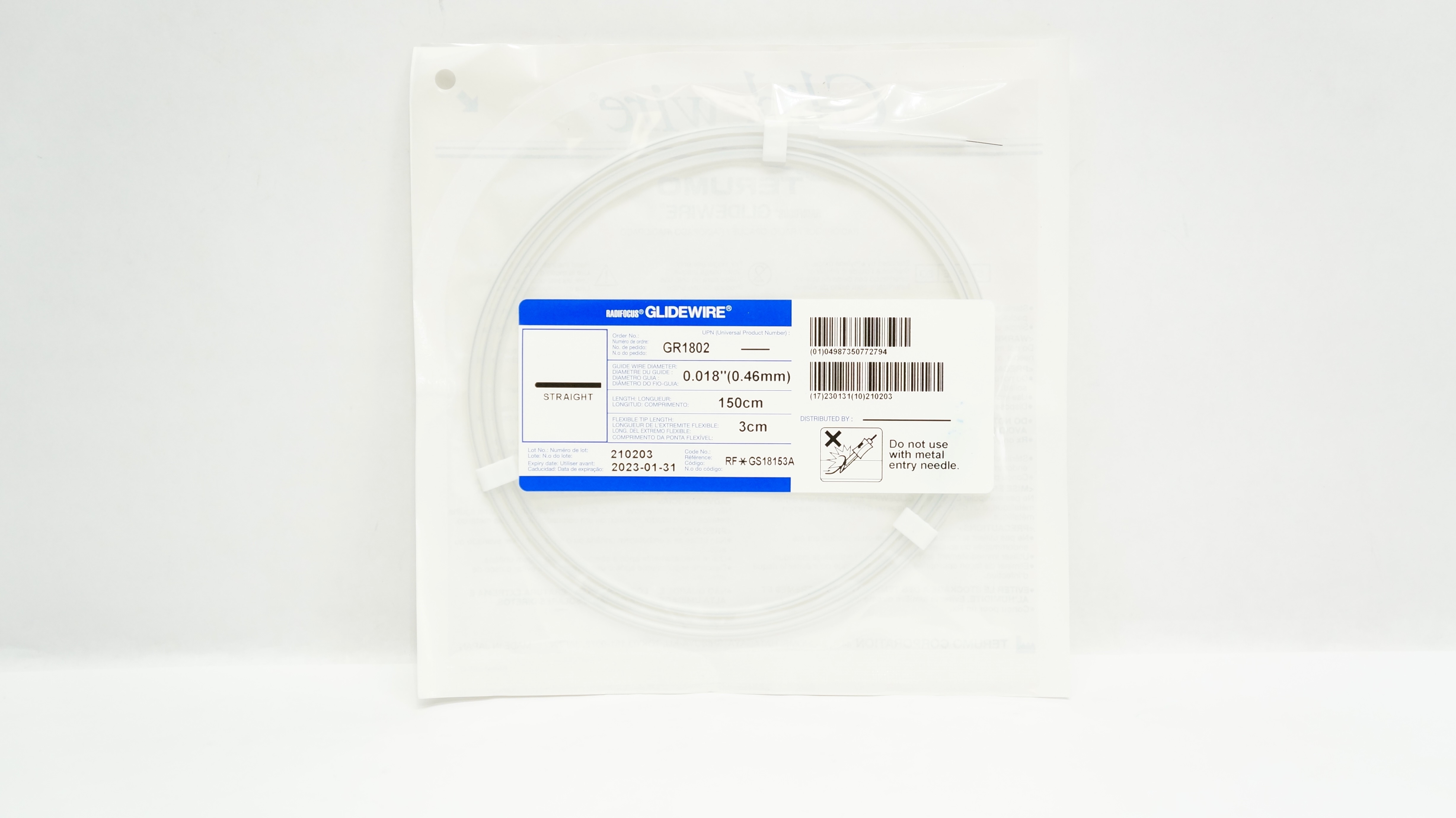 Terumo GS18153A Radiofocus Glidewire Straight 0.018inch x 150cm x 3cm (x)