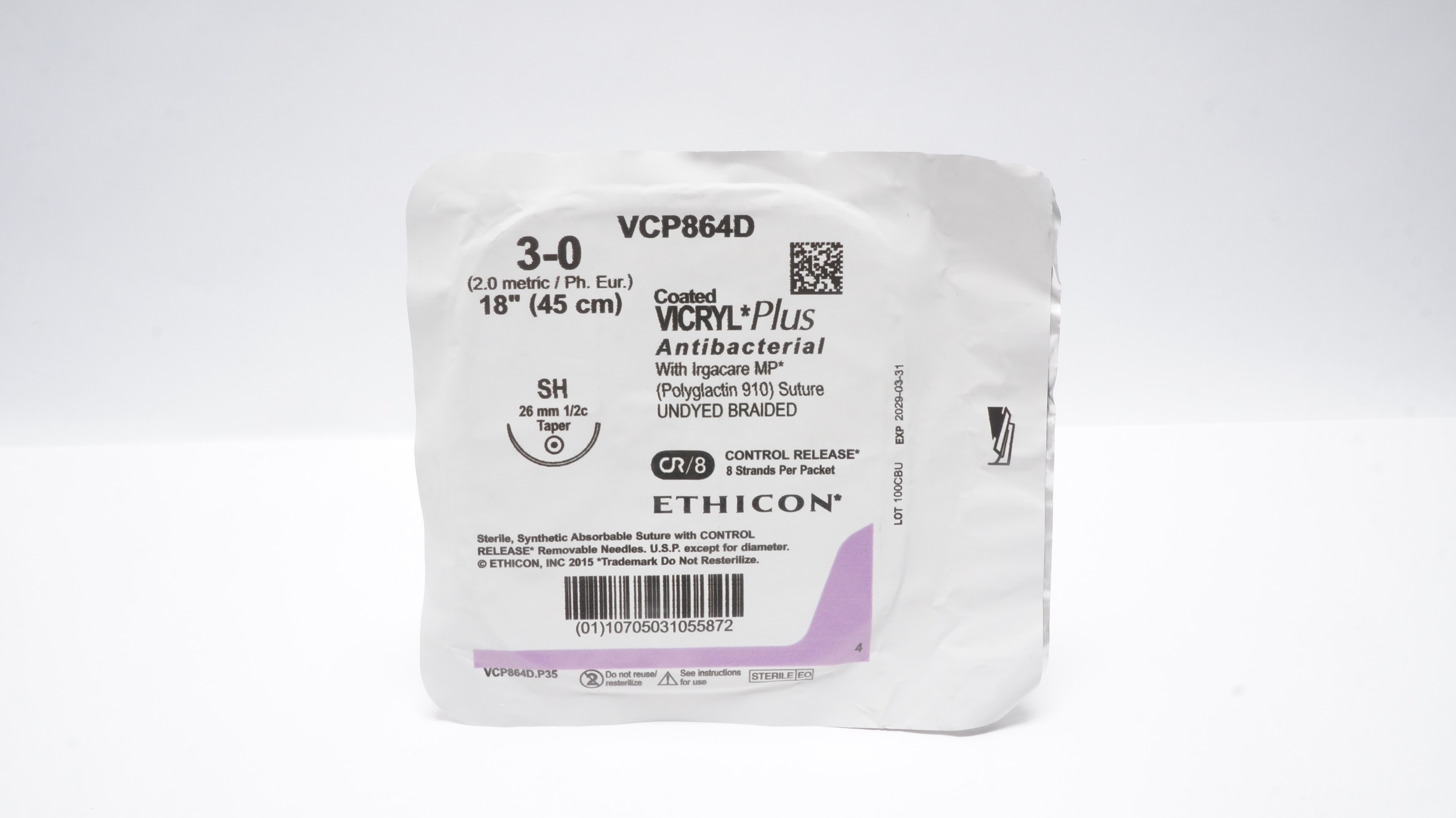 Ethicon VCP864D 3-0 Coated Vicryl Plus Stre SH 26mm 1/2c Taper, 18inch