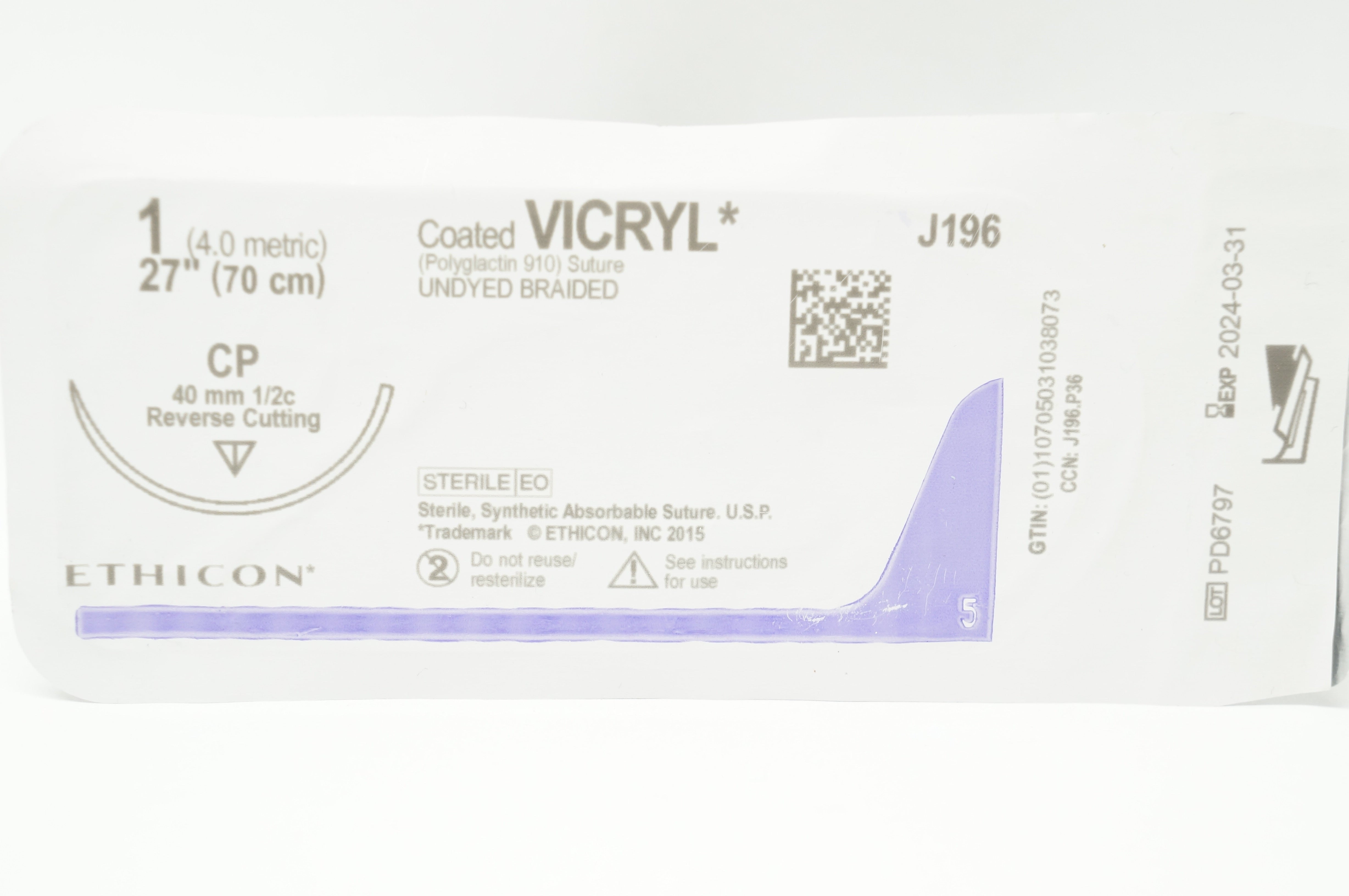Ethicon J196 1 VICRYL, CP 40mm 1/2c Reverse Cutting, 27inch