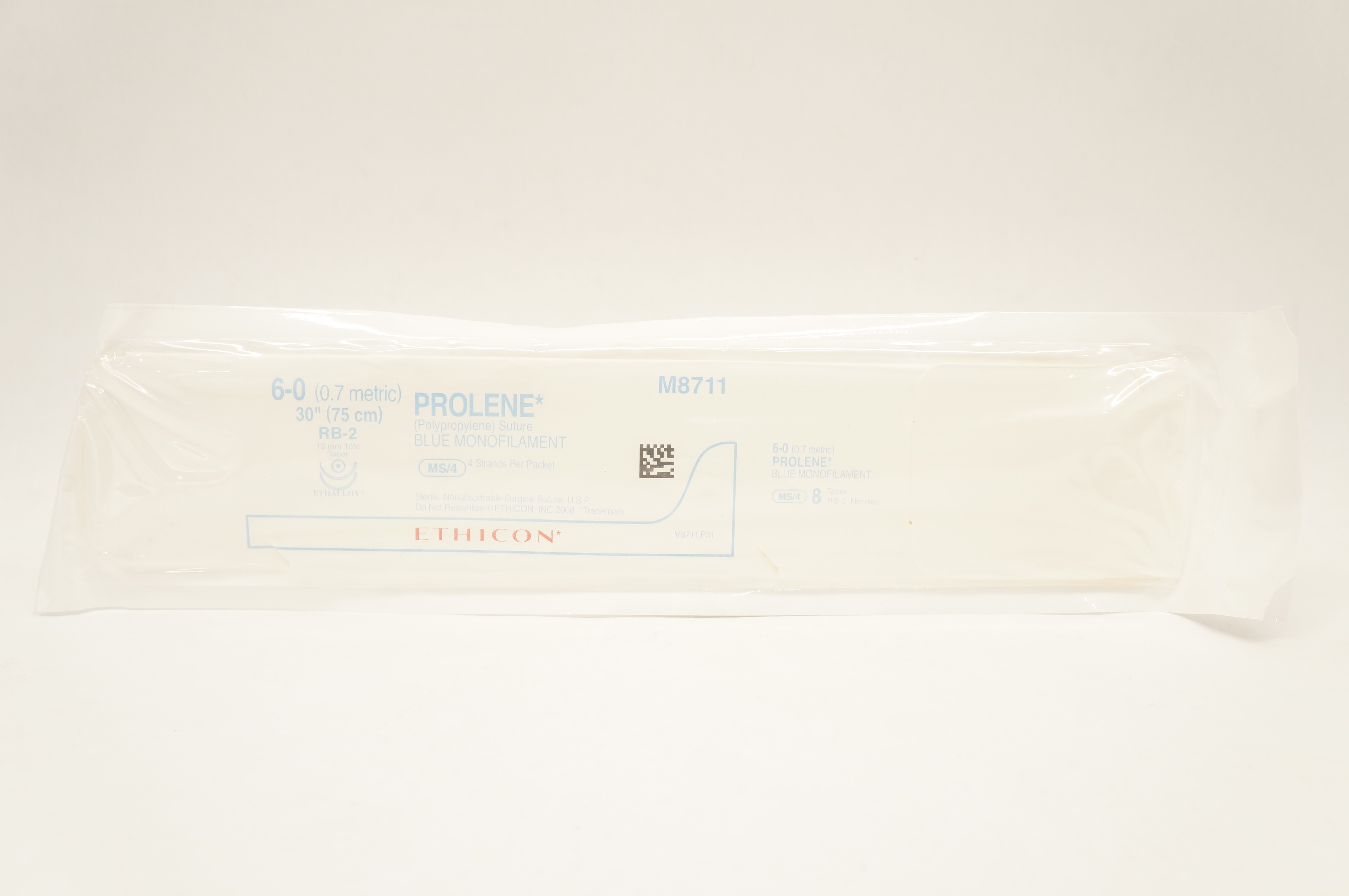 Ethicon M8711 6-0 Prolene Stre MS/4 Blue Monofilament RB-2 13mm 1/2c Taper 30in.