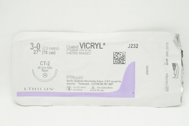 Ethicon J232 3-0 Coated VICRYL Stre CT-2 26mm 1/2c Taper 27 inch (x)
