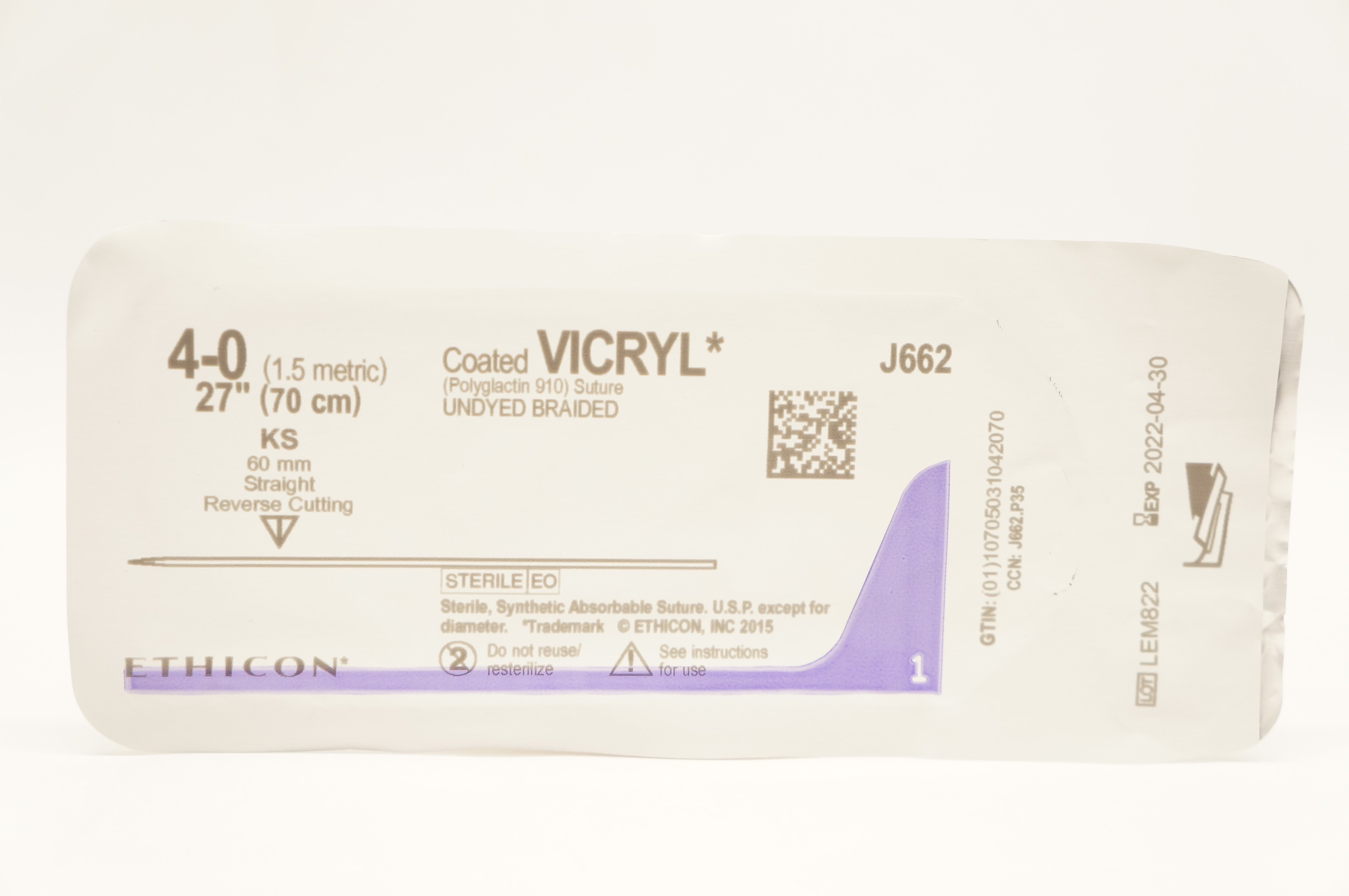 Ethicon J662 4-0 Coated VICRL Stre KS 60mm Straight Reverse Cutting, 27inch