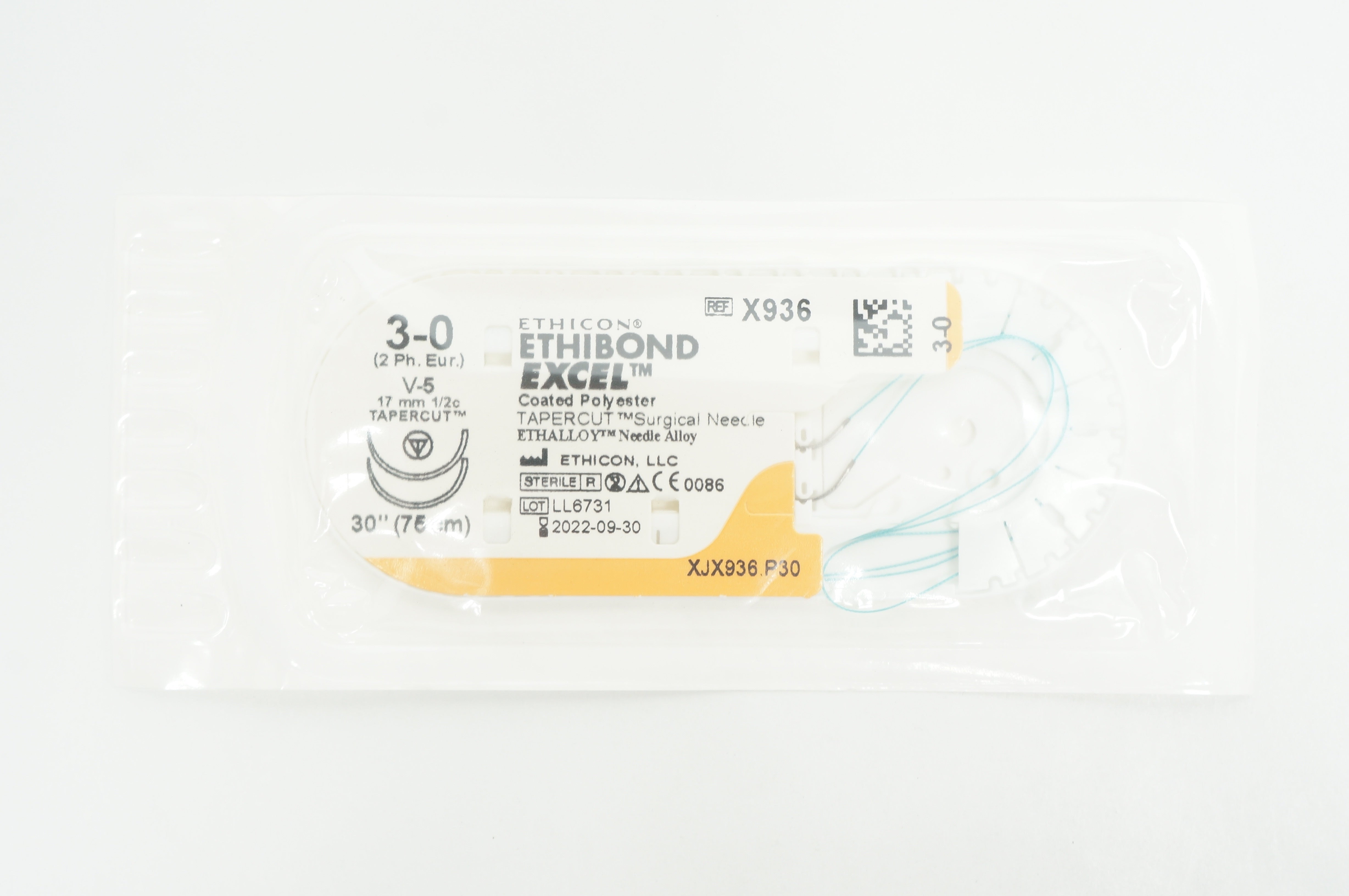 Ethicon X936 3-0 ETHIBOND EXCEL, V-5, 17mm 1/2c Tapercut, 30inch (x)
