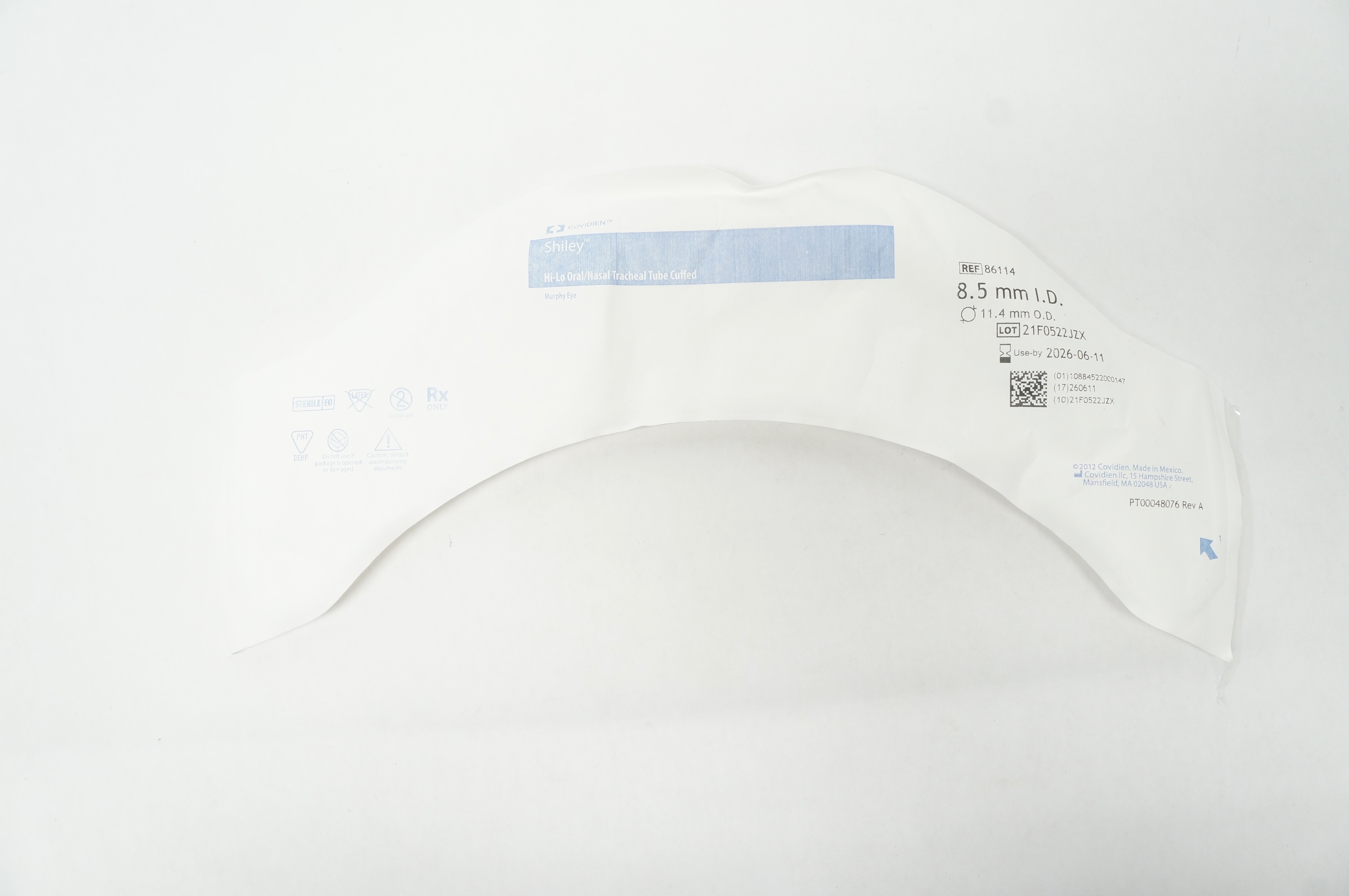 Covidien 86114 Shiley Hi-Lo Oral/Nasal Tracheal Tube Cuffed 8.5mm ID x 11.4mm OD