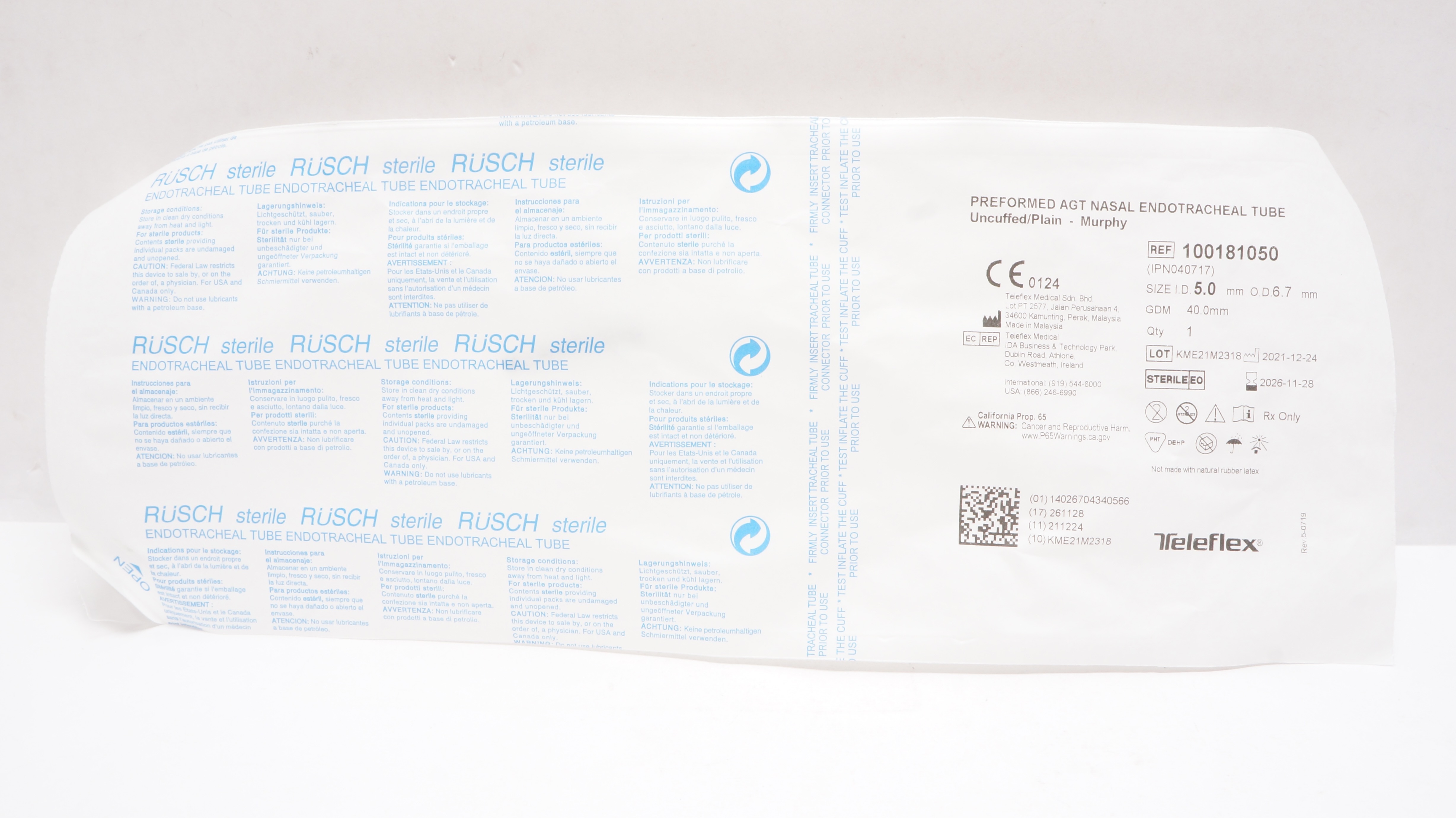 Teleflex 100181050 Rusch Preformed AGT Nasal Endotracheal Tube 5.0mm x 6.7mm