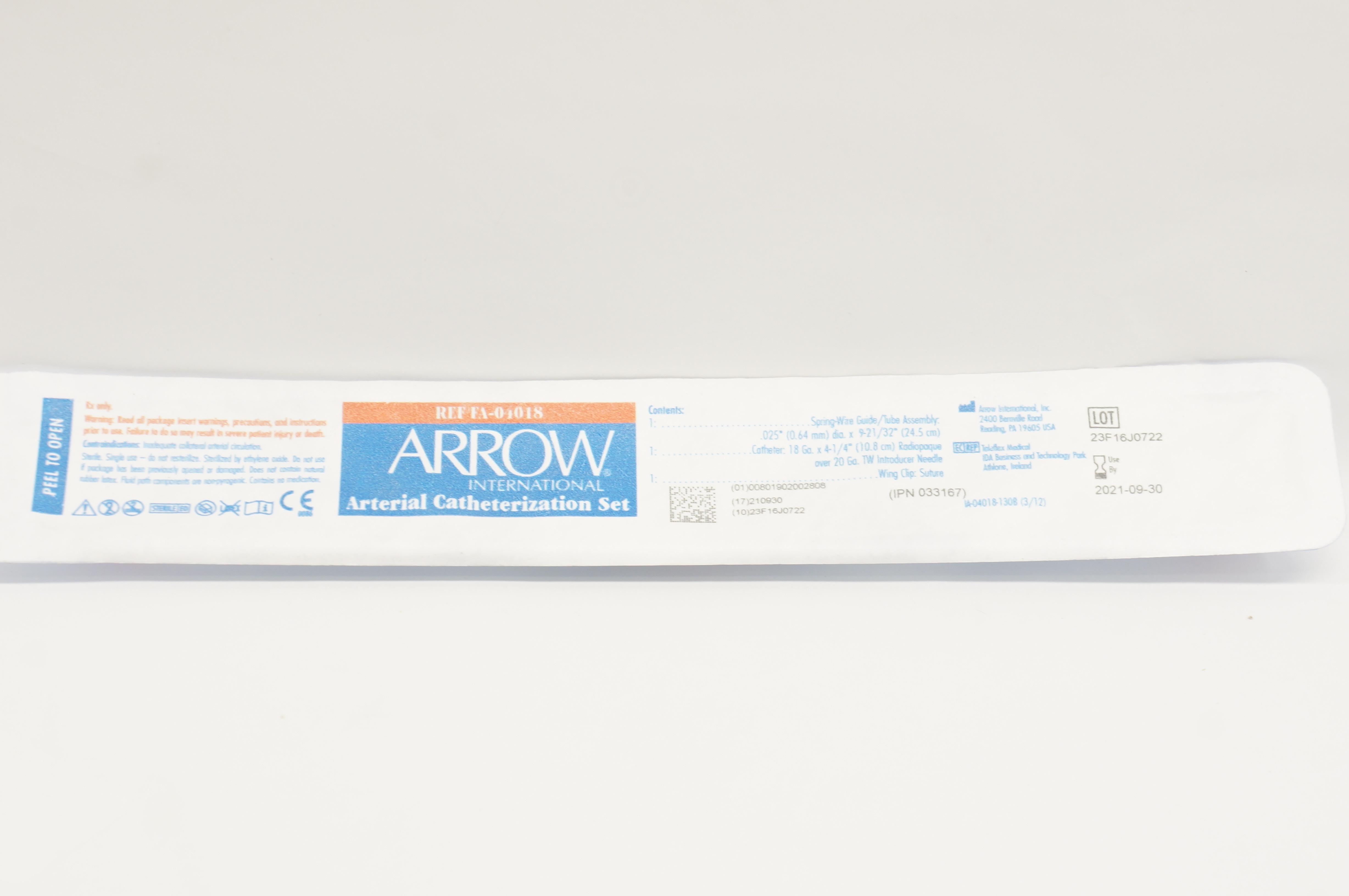 Arrow FA-04018 Arterial Catheterization Set .025inch x 9-21/32inch (x)