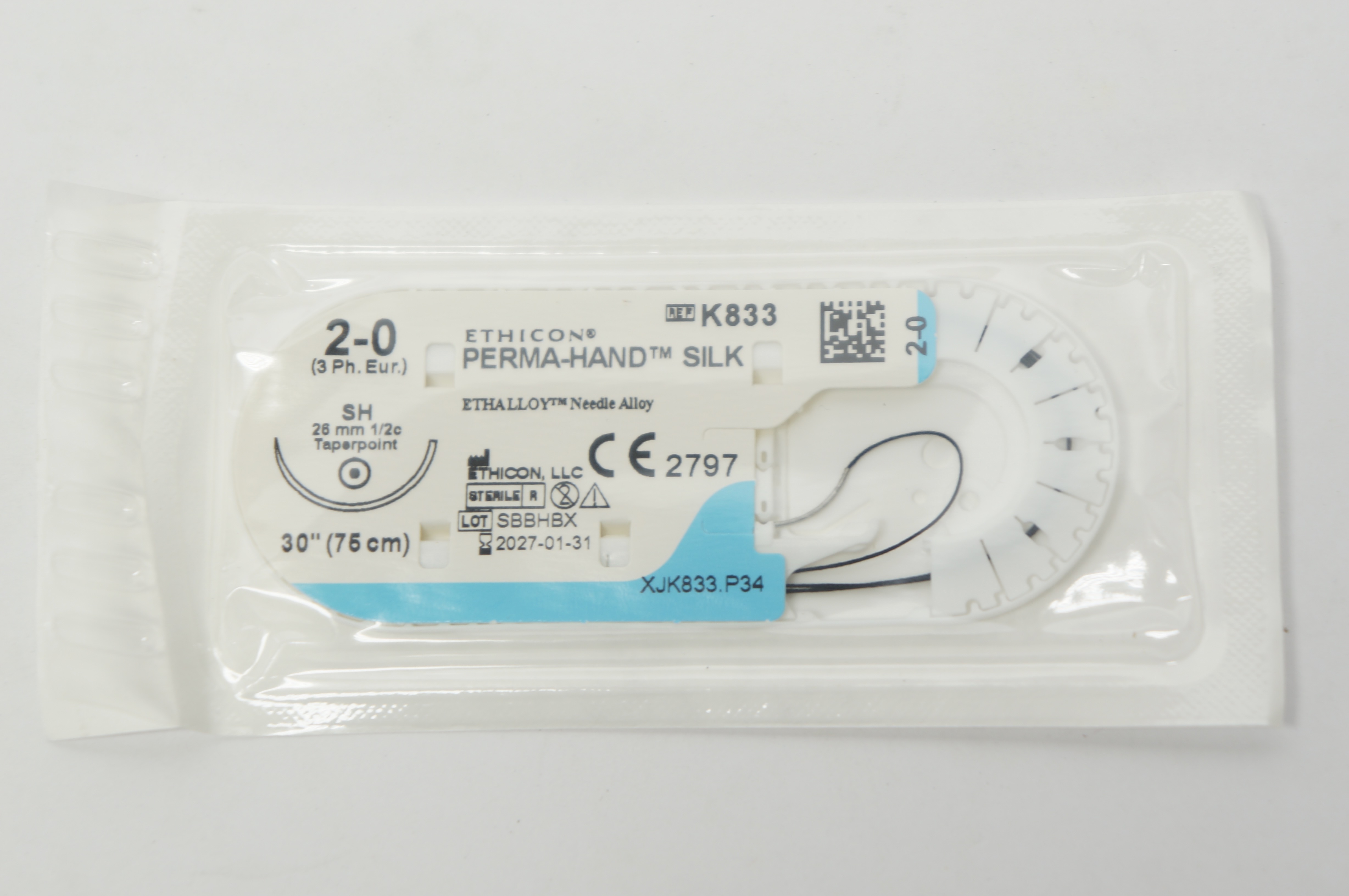 Ethicon K833 2-0 PERMA-HAND SILK Stre SH 26mm 1/2c Taperpoint, 30inch