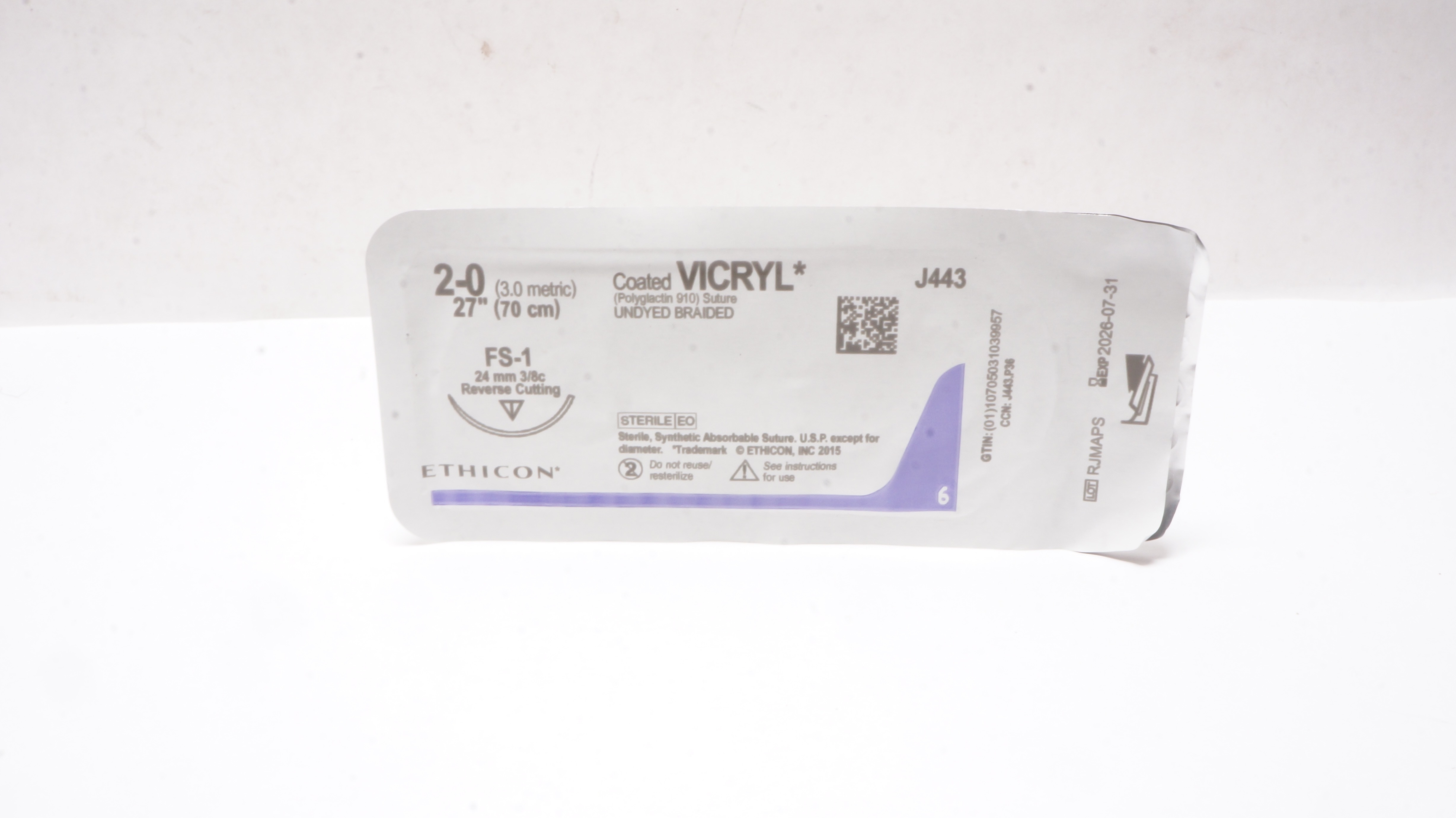 Ethicon J443 2-0 Coated VICRYL Stre FS-1 24mm 3/8c Reverse Cutting 27 inch