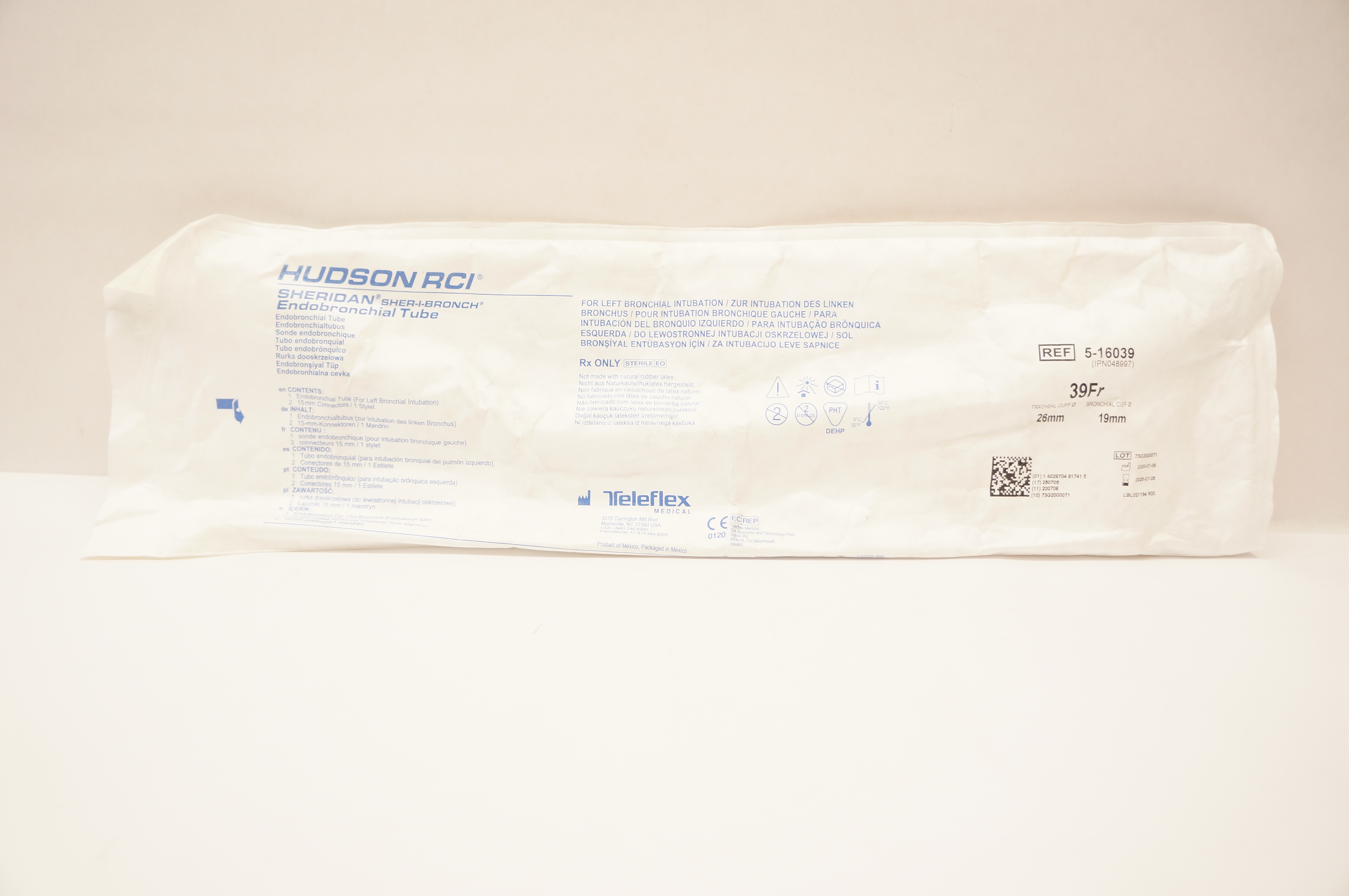 Teleflex 5-16039 Hudson RCI Sheridan Endobronchial Tube 39Fr. x 26mm x 19mm
