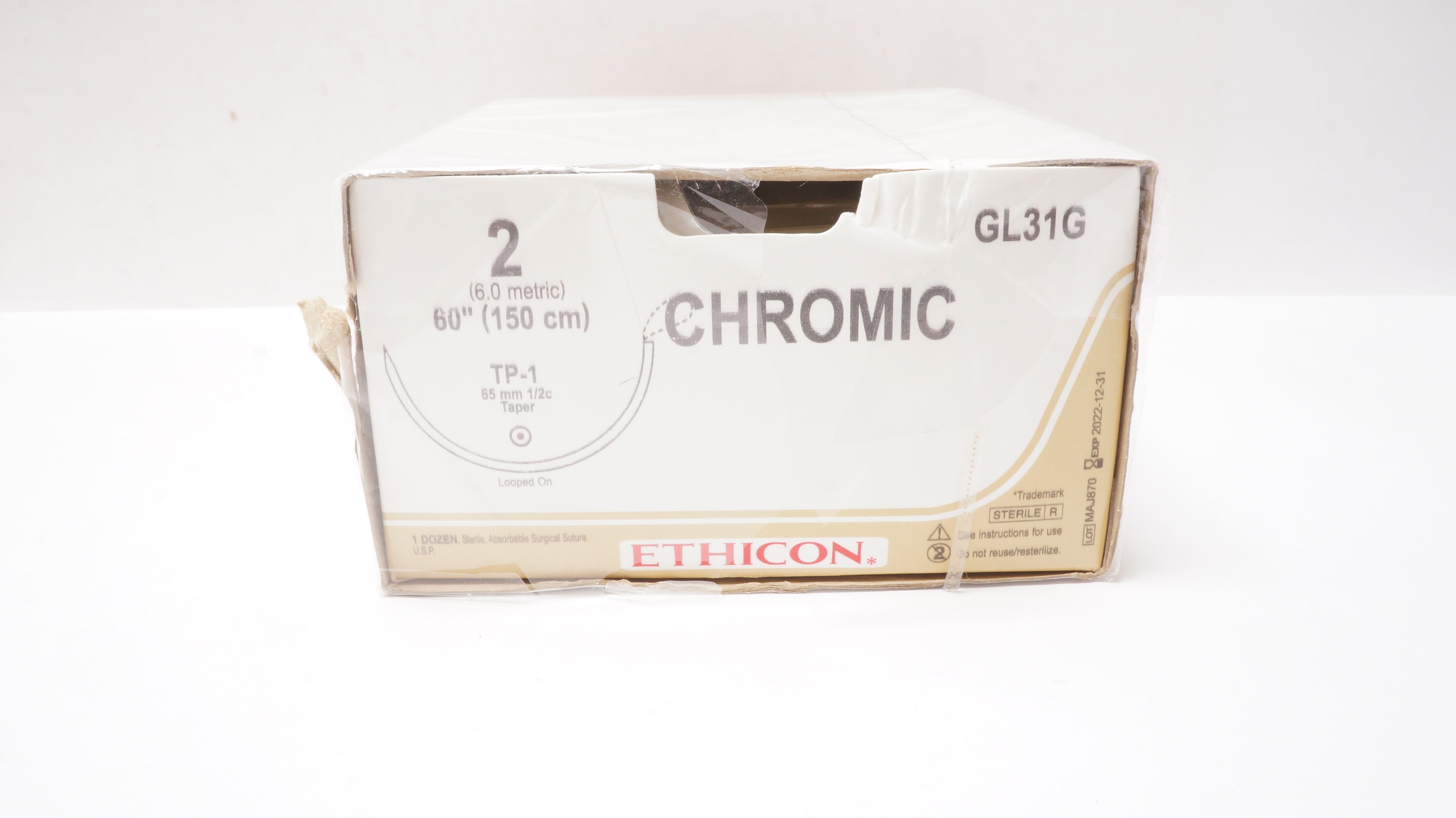 Ethicon GL31G 2 CHromic Gut Naturally BROWN 1X60inch LOOPED TP-1 (x) -Box of 12
