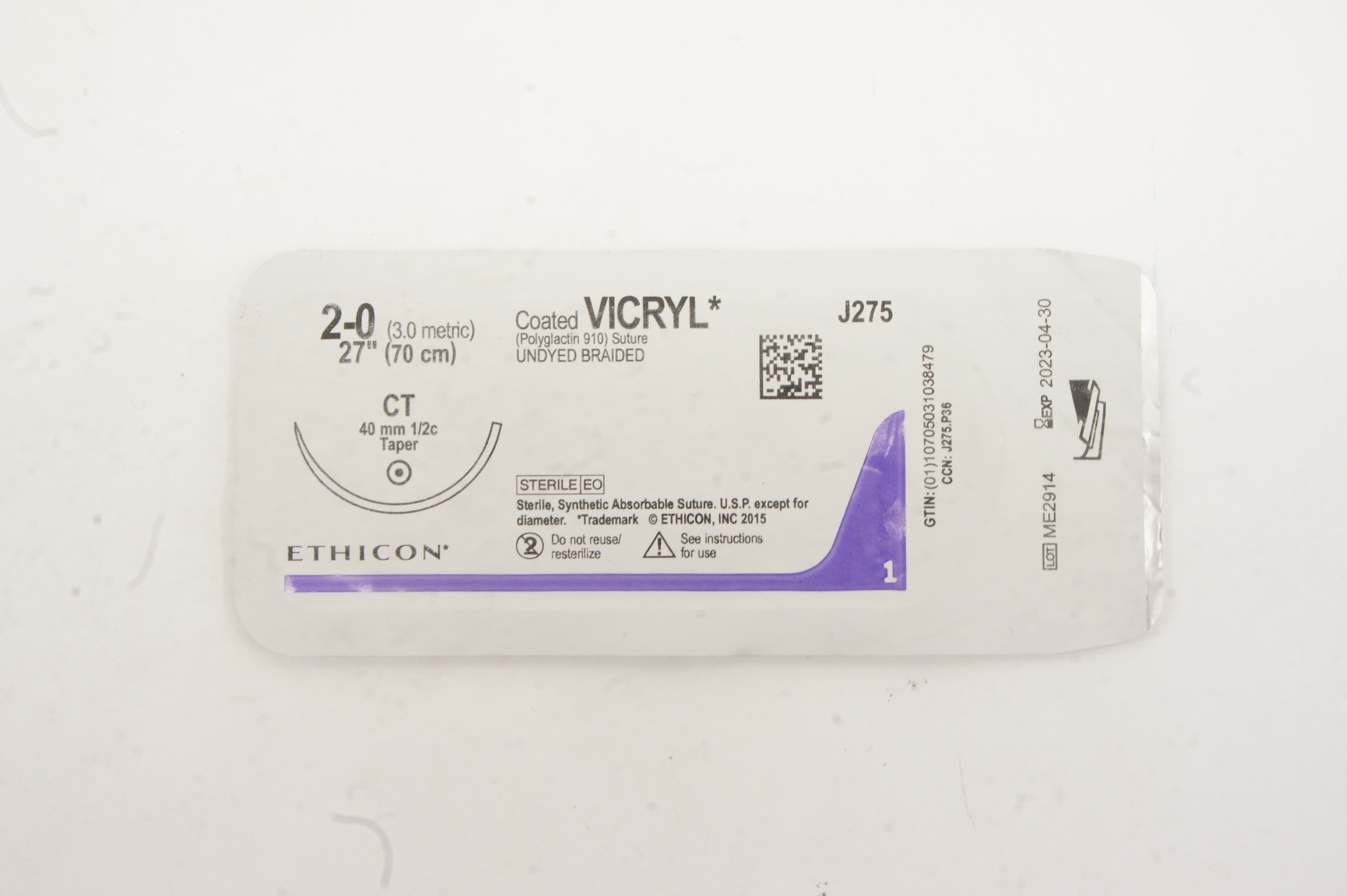 Ethicon J275 2-0 Coated VICRYL CT 40mm 1/2c Taper, 27inch