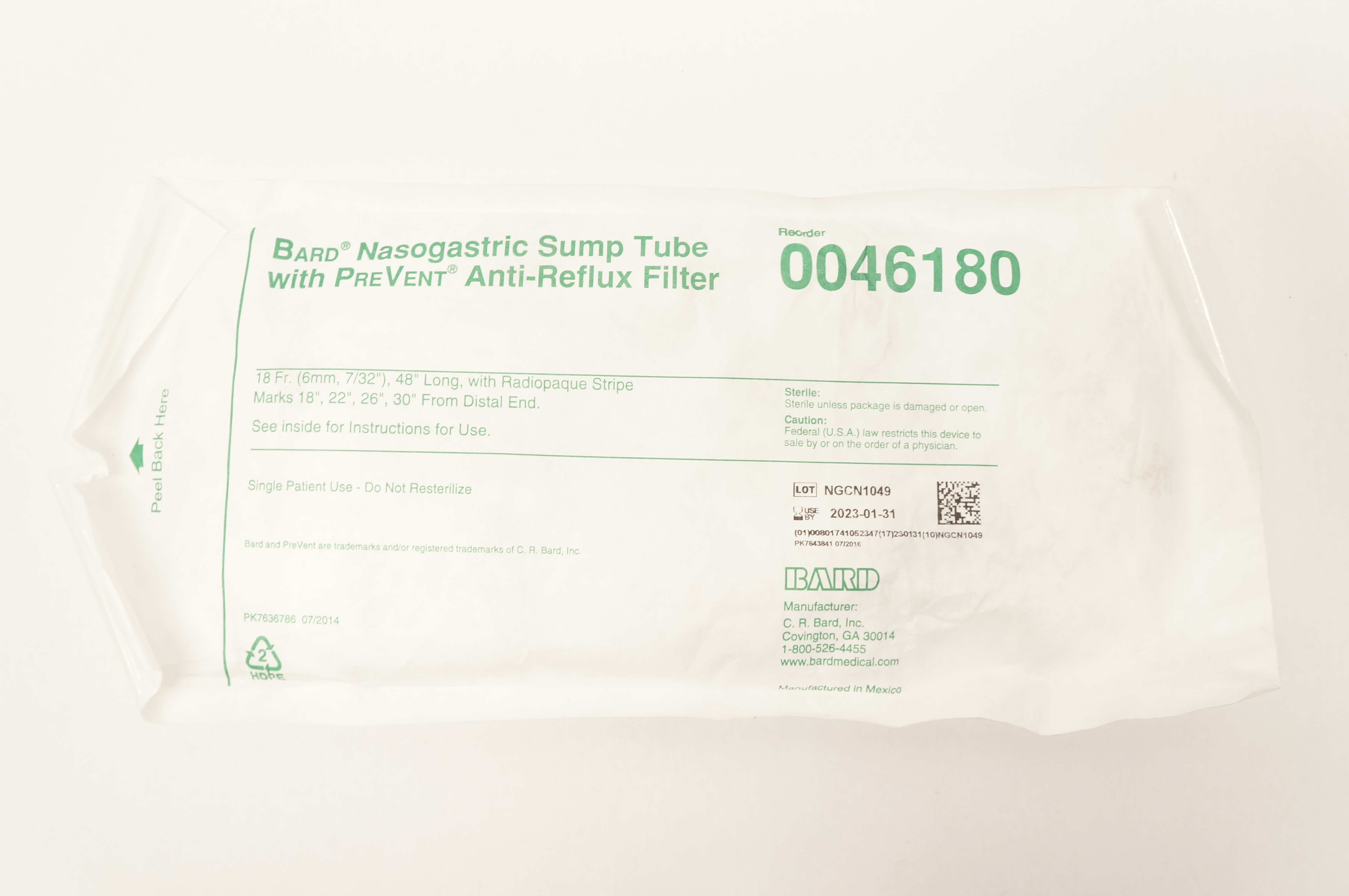 Bard 0046180 Nasogastric Sump Tube With PreVent Anti-Reflux Filter 18Fr