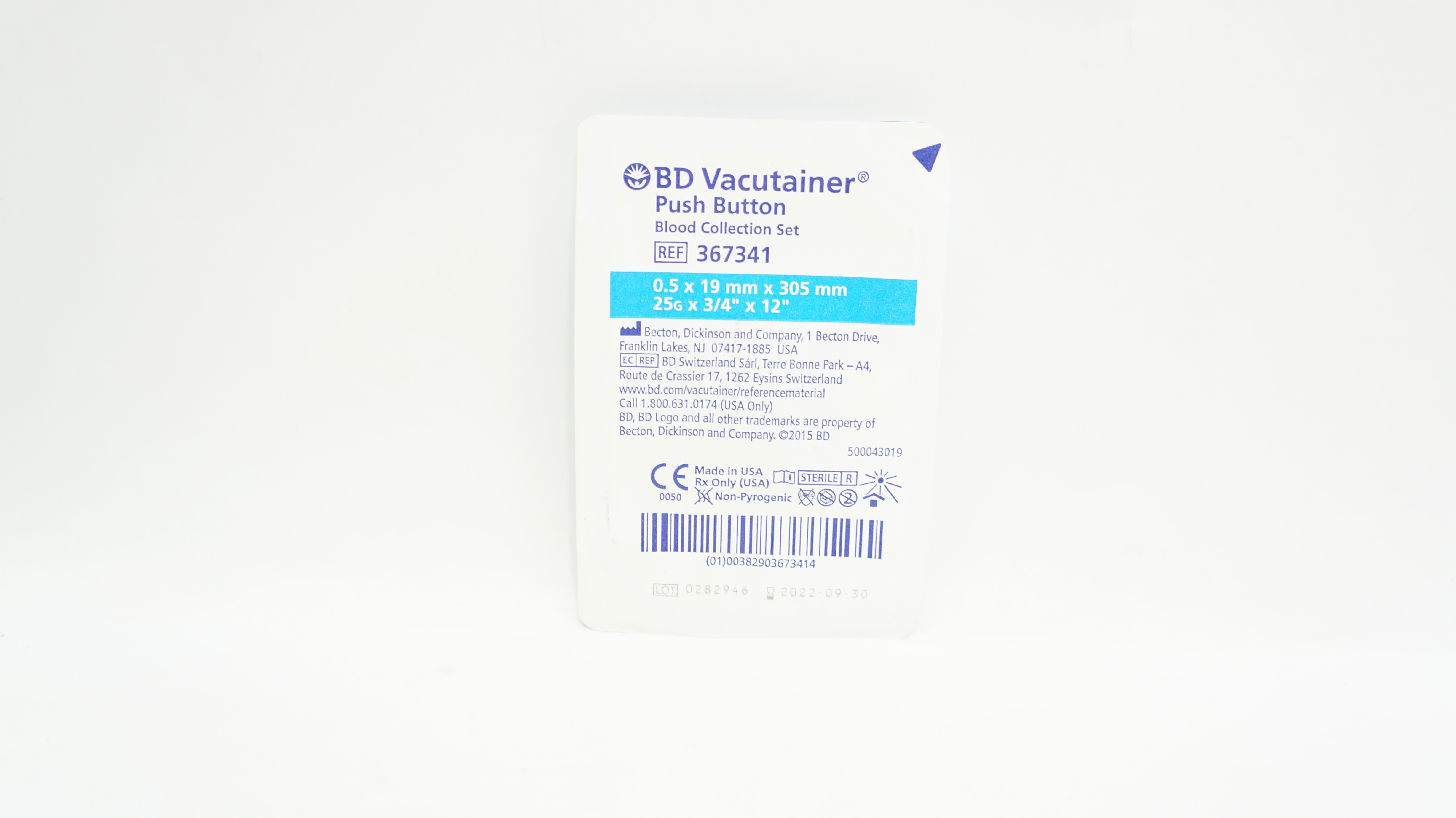 BD 367341 Vacutainer Push Button Blood Collection Set 25G x 3/4inch x 12inch (x)