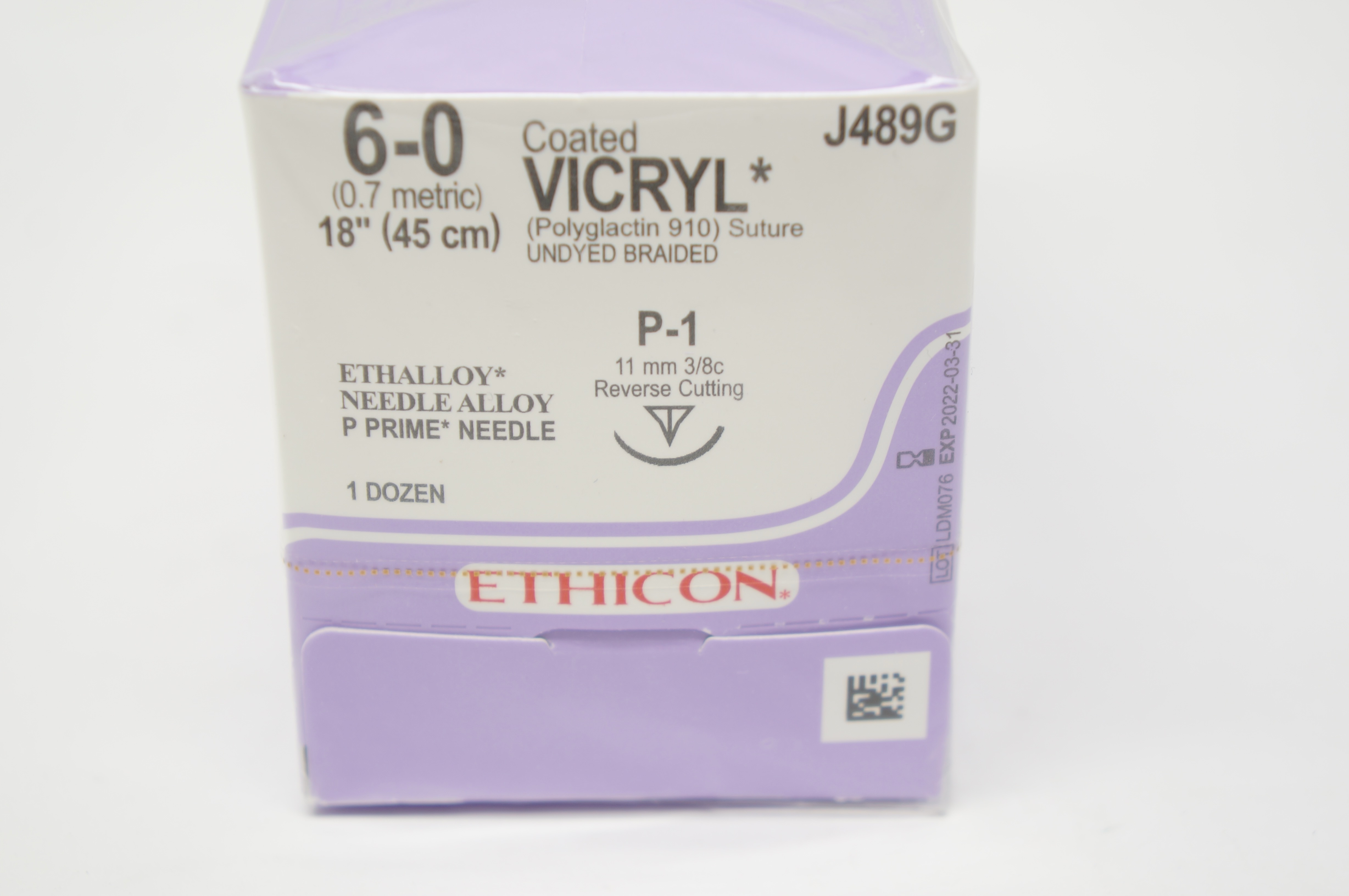 Ethicon J489G 6-0 Coated VICRYL P1 11mm 3/8c Reverse Cutting,18in (x)- Box of 12