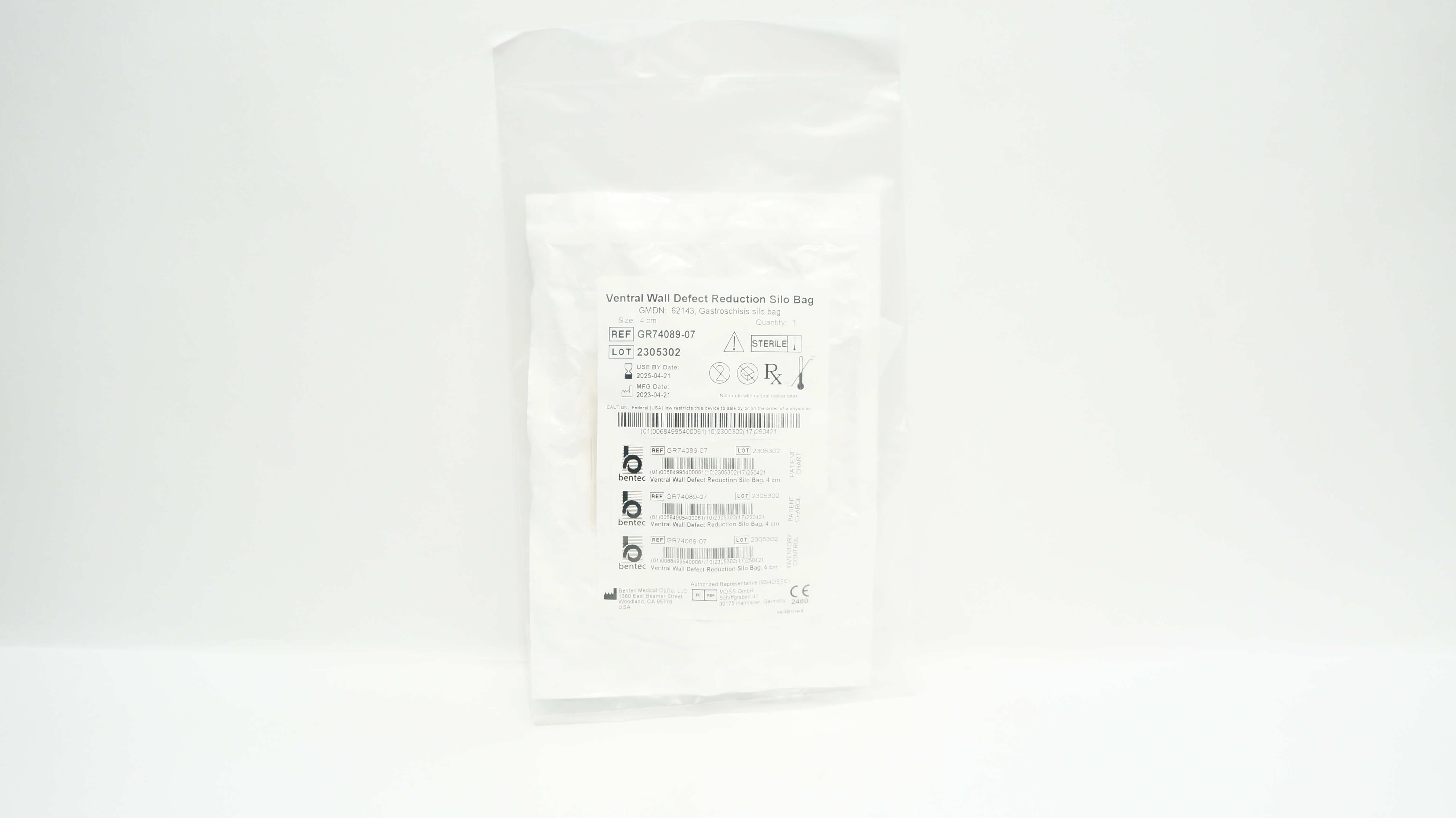 Bentec Medical GR74089-07 Silicone Ventral Wall Defect Reduction Silo Bag, 4cm
