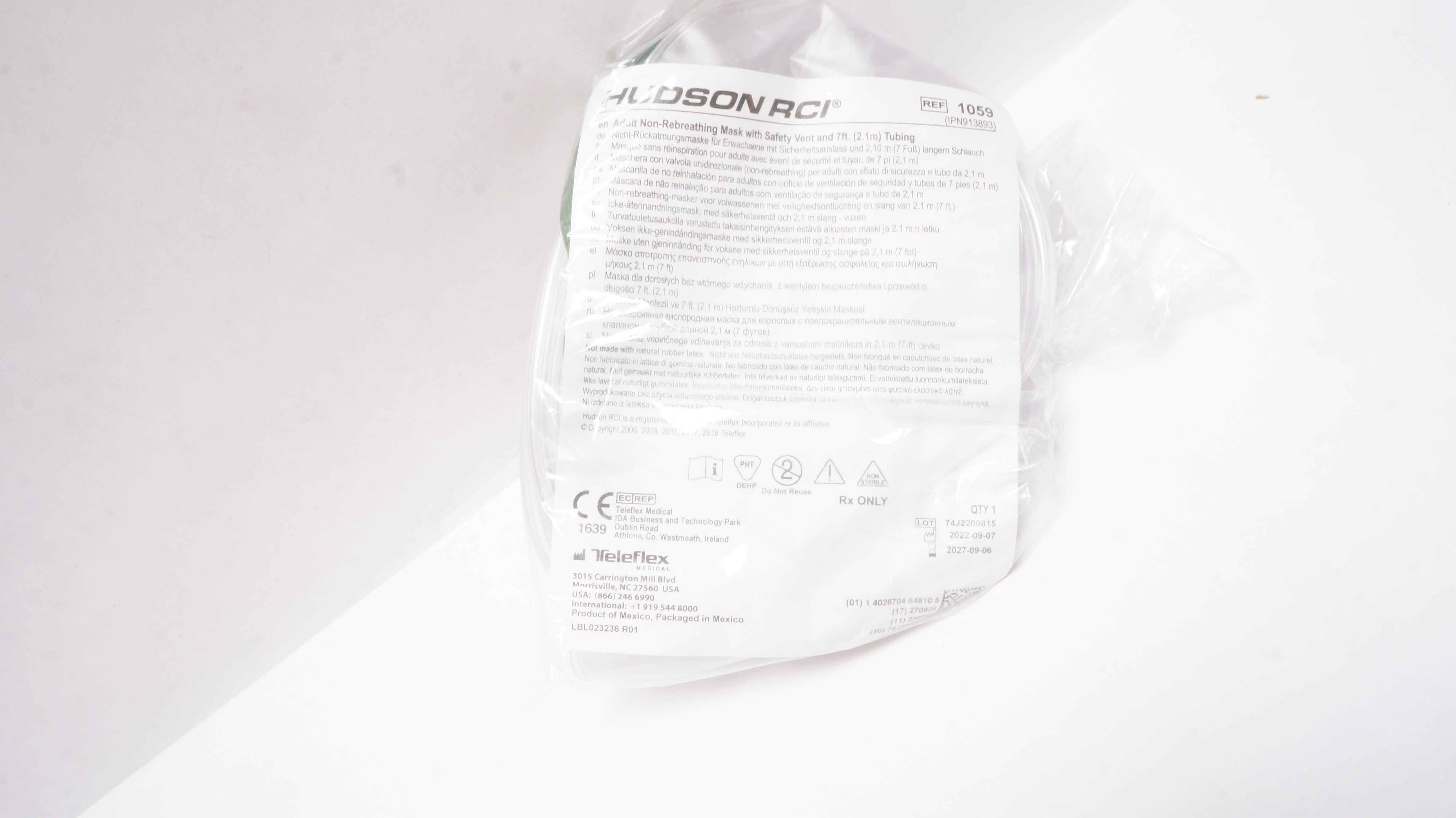Teleflex 1059 Hudson RCI Adult Non-Rebreathing Mask w/Safety Vent & 7 ft. Tubing