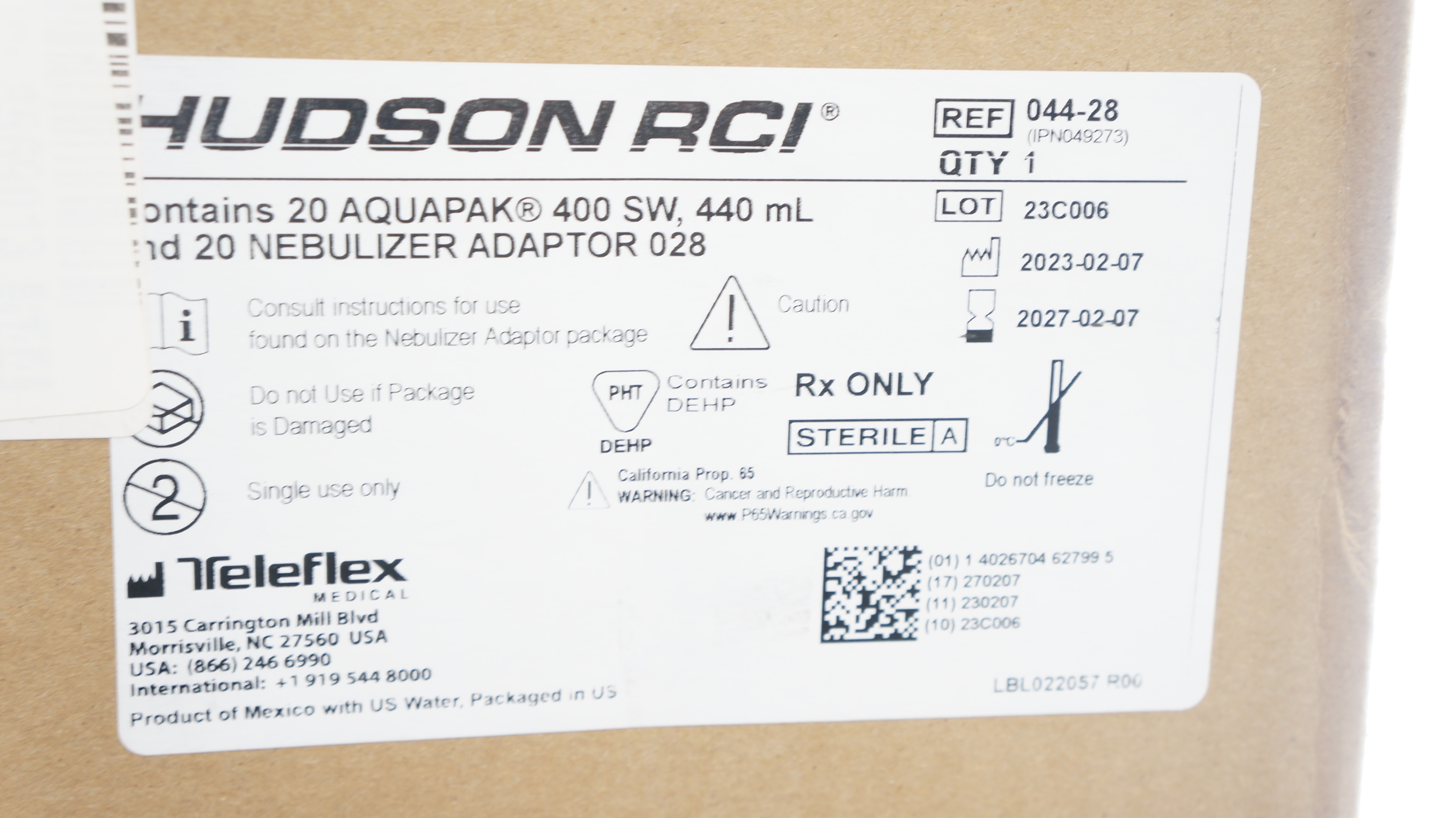 Teleflex 044-28 Hudson RCI 20 Aquapak 400SW,440mL & 20Nebulizer Adaptor 028