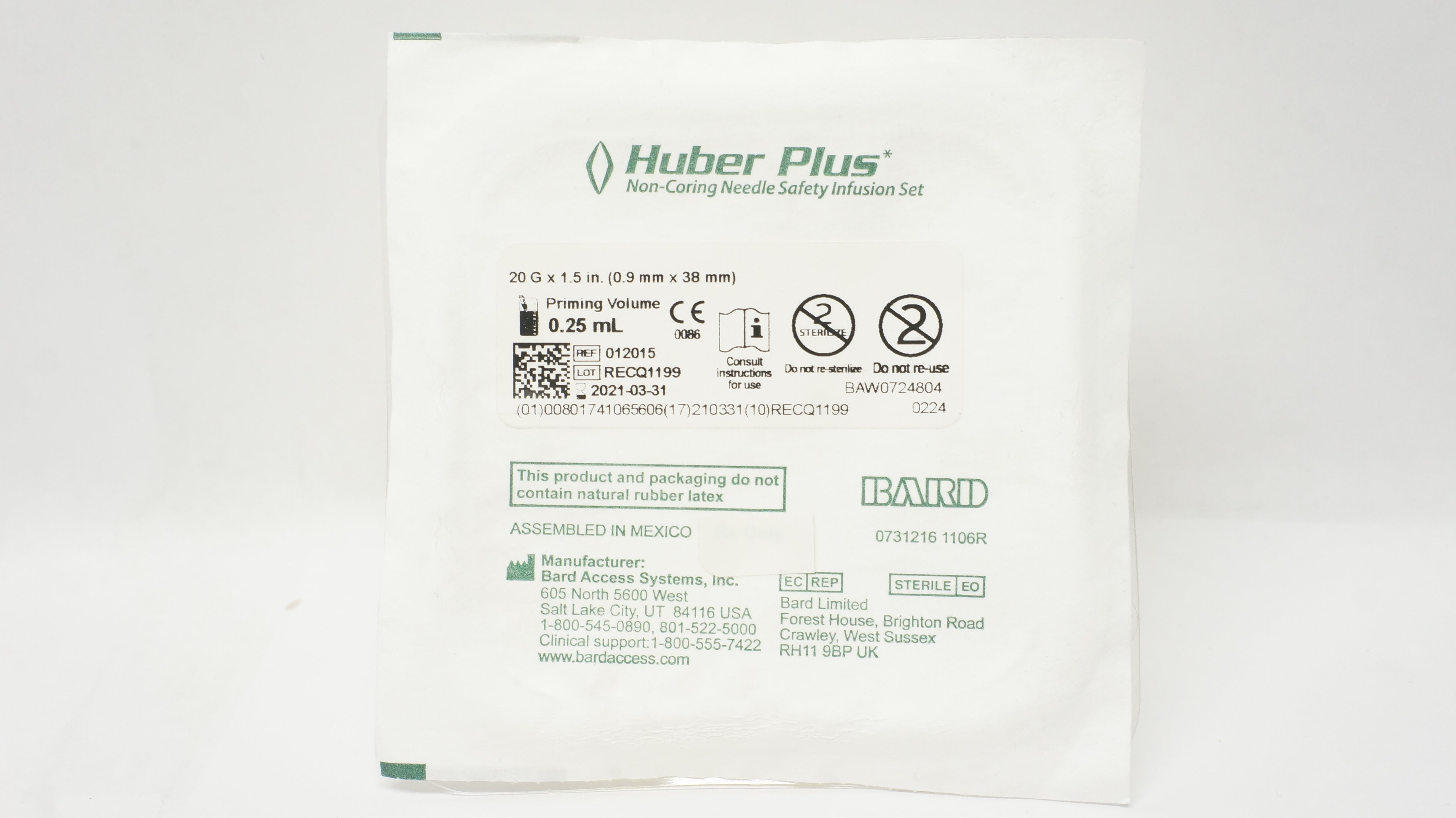 Bard 012015 Huber Plus Non-Coring Ndle Safety Infusion Set 20G x 1.5 inch (x)