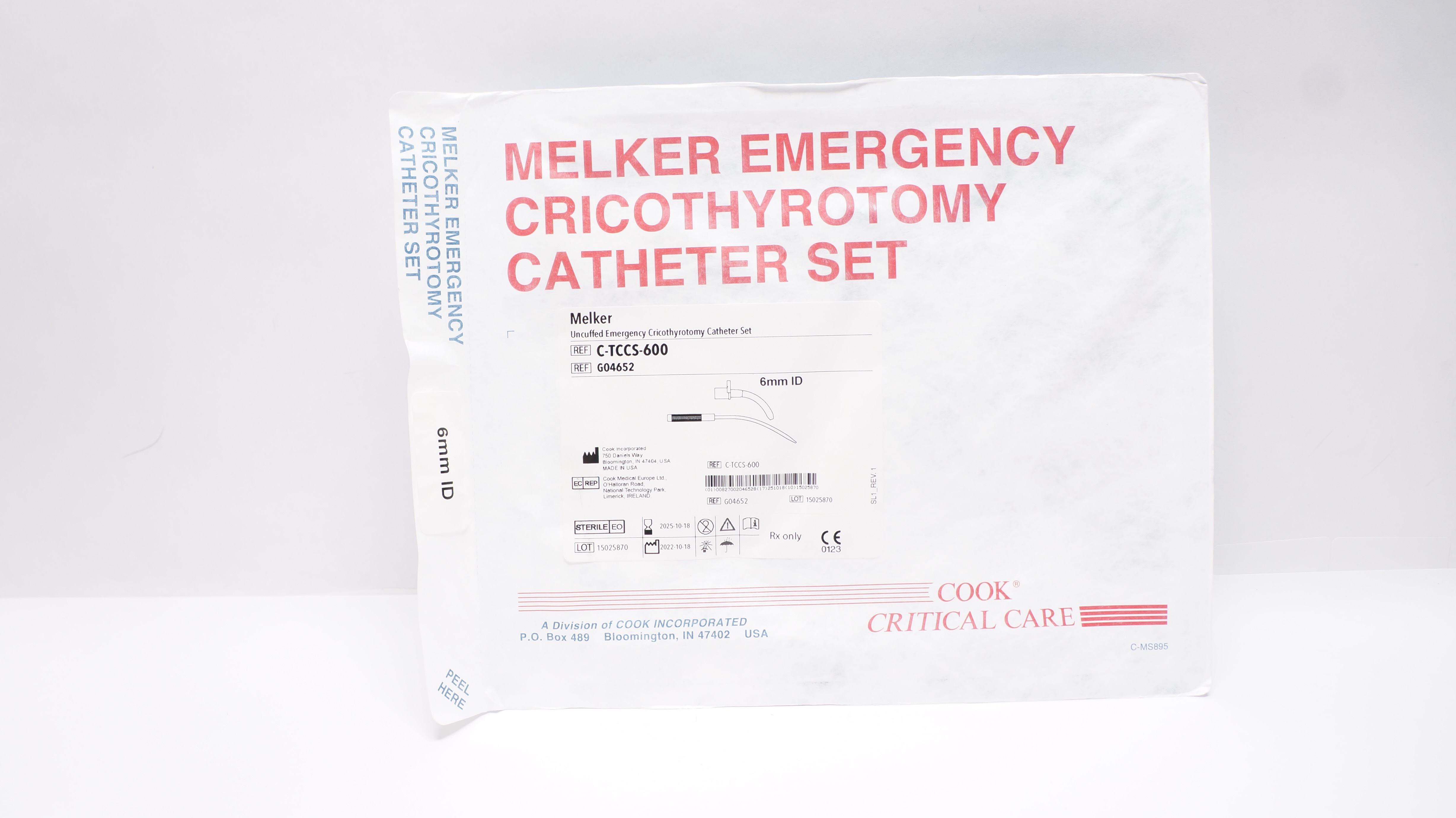 Cook Medical G04652 Melker Emergency Cricothyrotomy Cath. Set 6mm ID