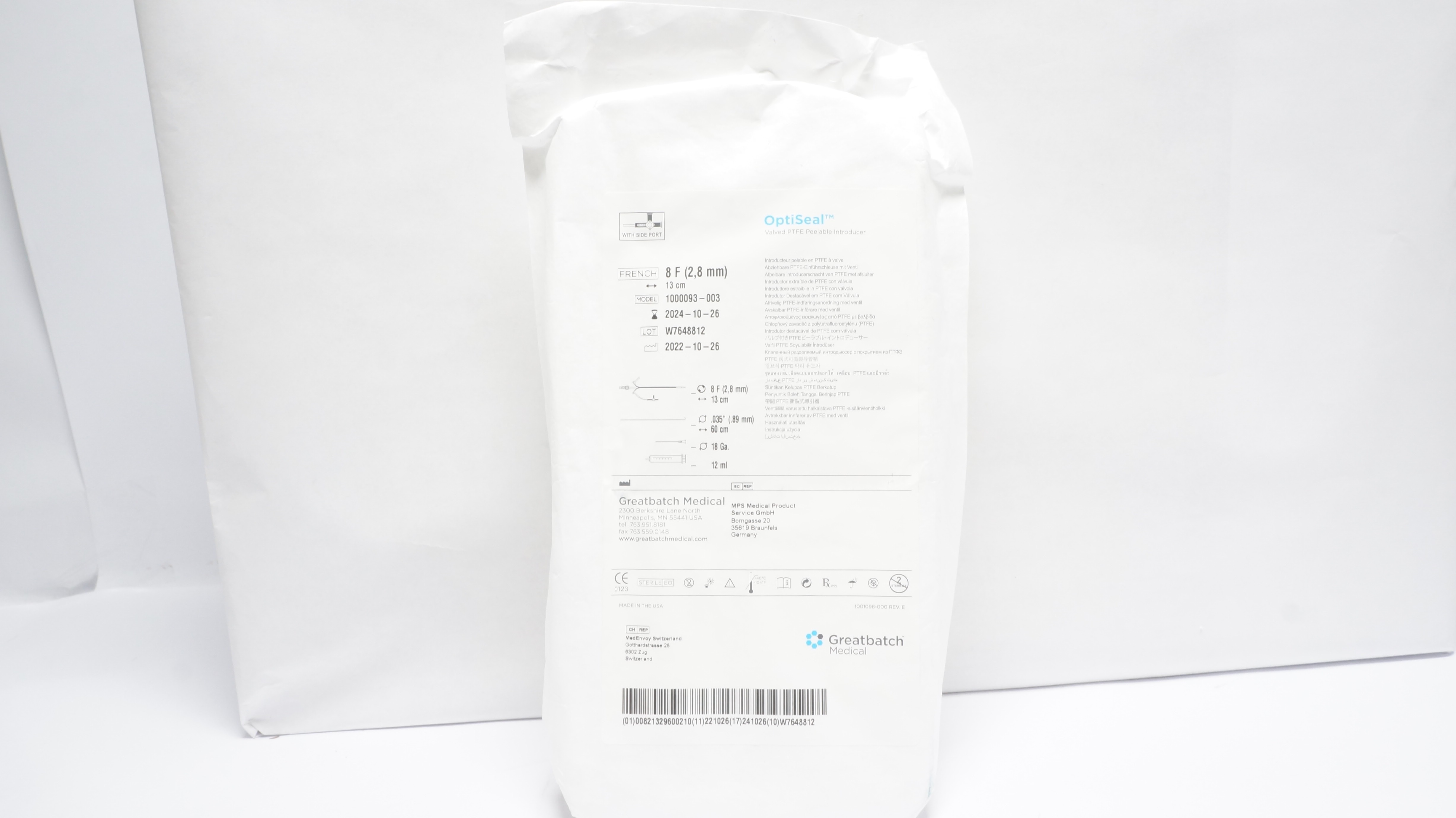 Greatbatch 1000093-003 OptiSeal Valved PTFE Peelable Introducer 8F x 13cm (x)