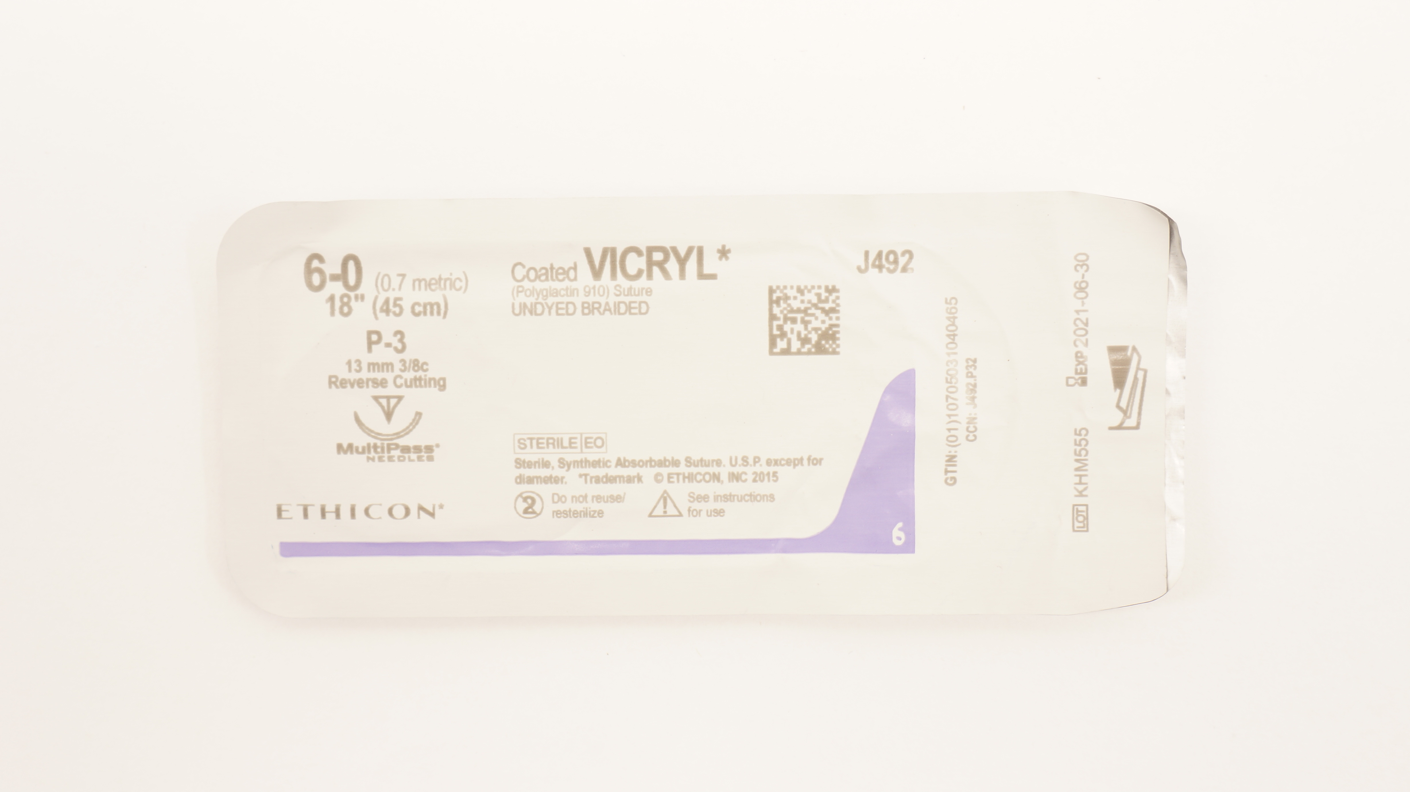Ethicon J492 6-0 Coated Vicryl Stre P-3 13mm 3/8c Reverse Cutting 18inch (x)