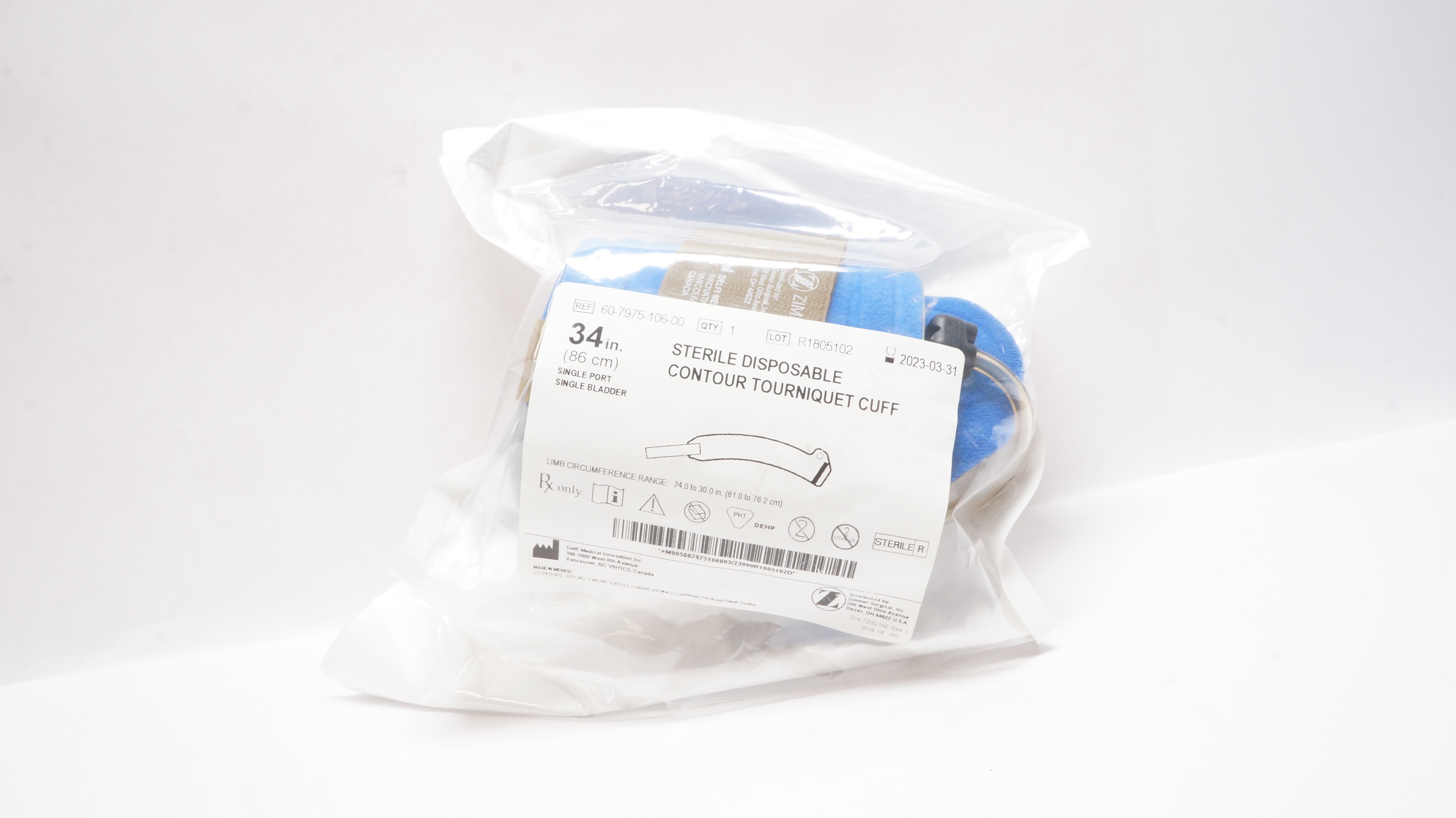 Zimmer 60-7975-106-00 Sterile Disposable Contour Tourniquet Cuff, 34In
