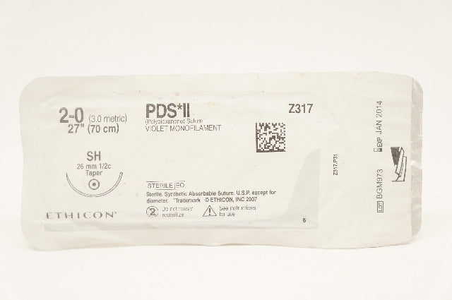 Ethicon Z317 2-0 PDS II Polydioxanone Sterile Stre SH 26mm 1/2c Taper 27inch (x)