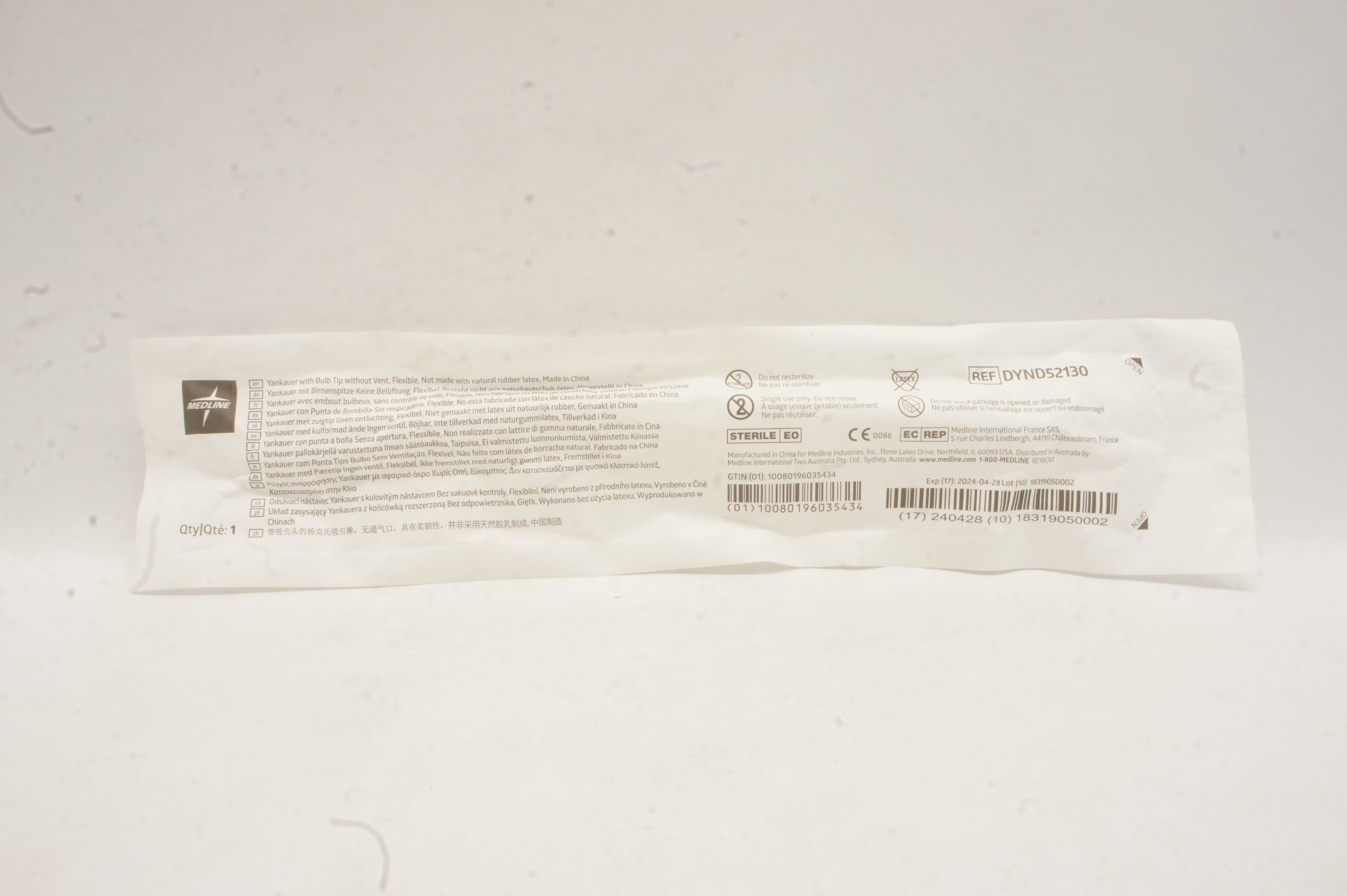 Medline DYND52130 Yankauer With Bulb Tip Without Vent Flexible