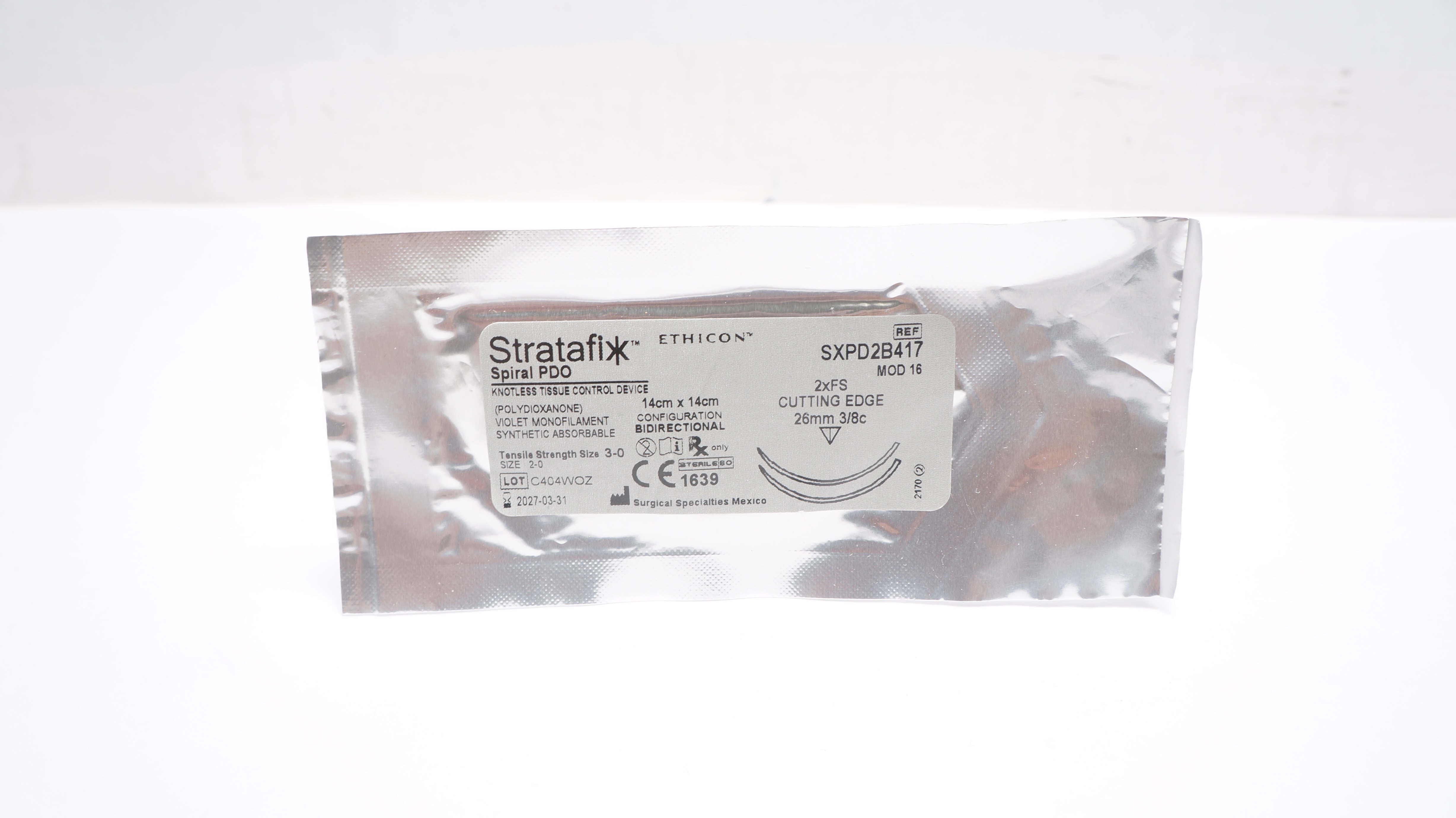 Ethicon SXPD2B417 3-0 Stratafix, 2xFS Cutting Edge 26mm 3/8c, 14cm x 14cm