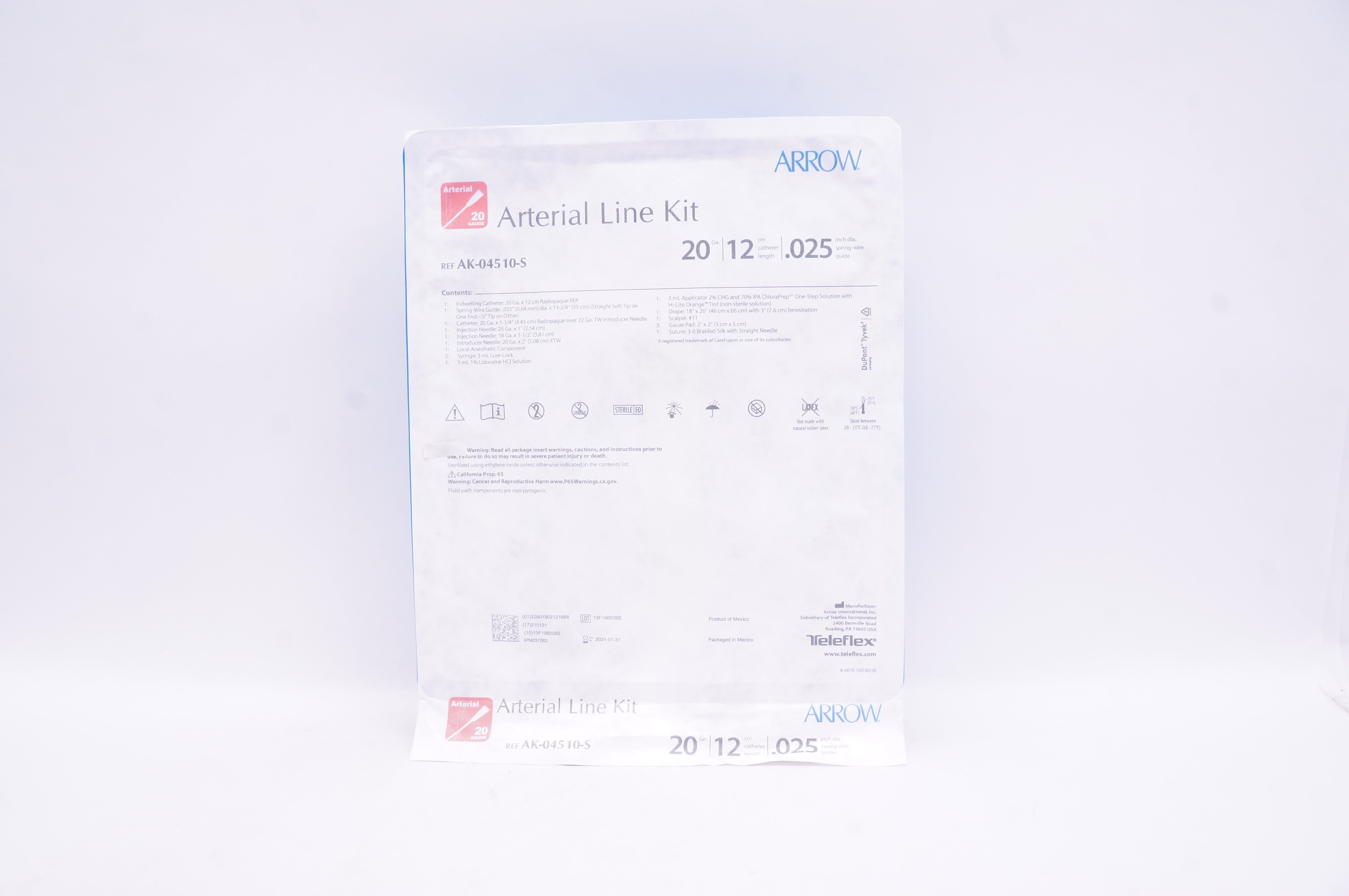 Arrow AK-04510-S Arterial Line Kit 20Ga 12cm x 0.025inch (x)