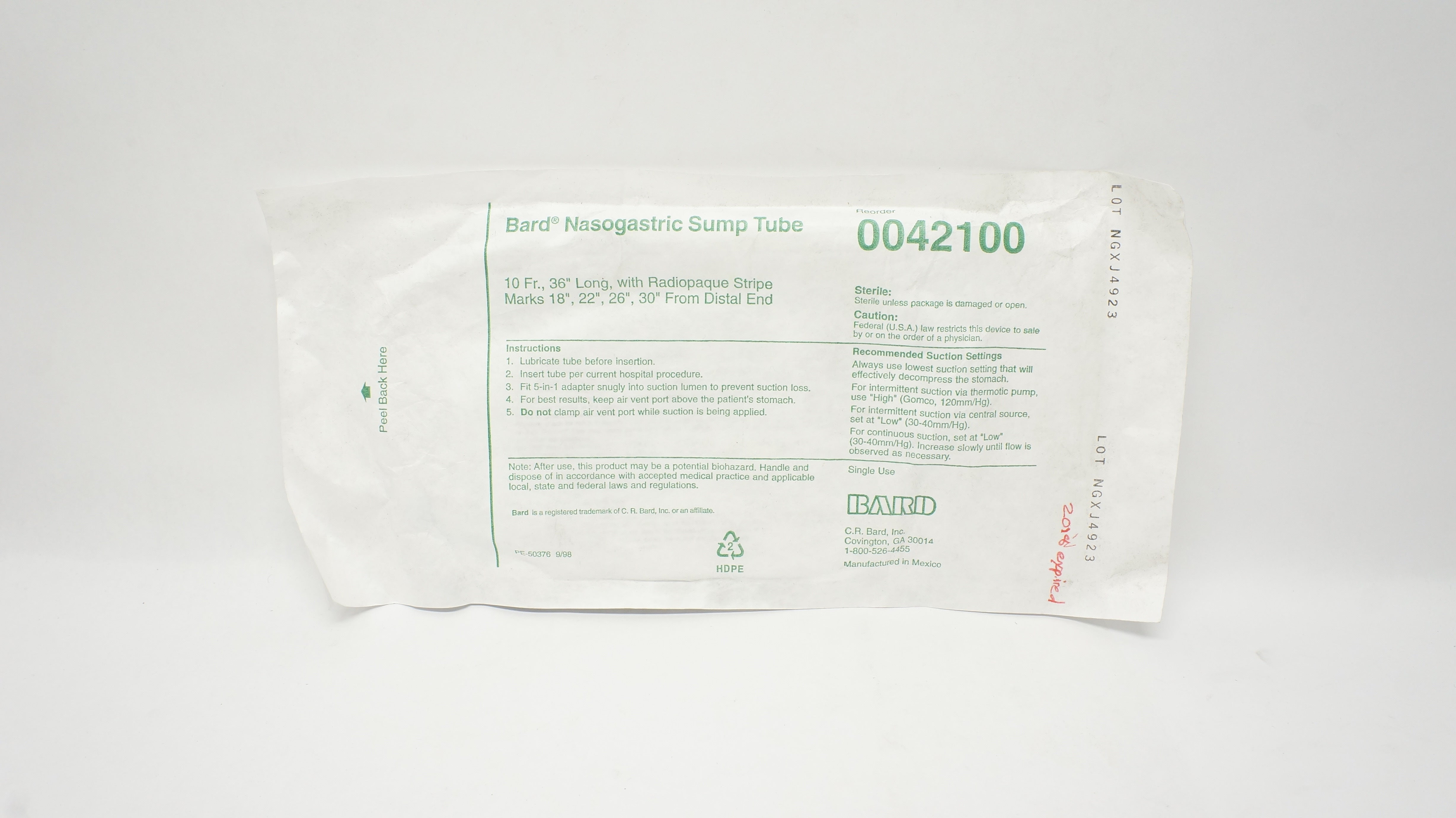 Bard 0042100 Nasogastric Sump Tube with Radiopaque Stripe Marks 10Fr x 36inch (x)