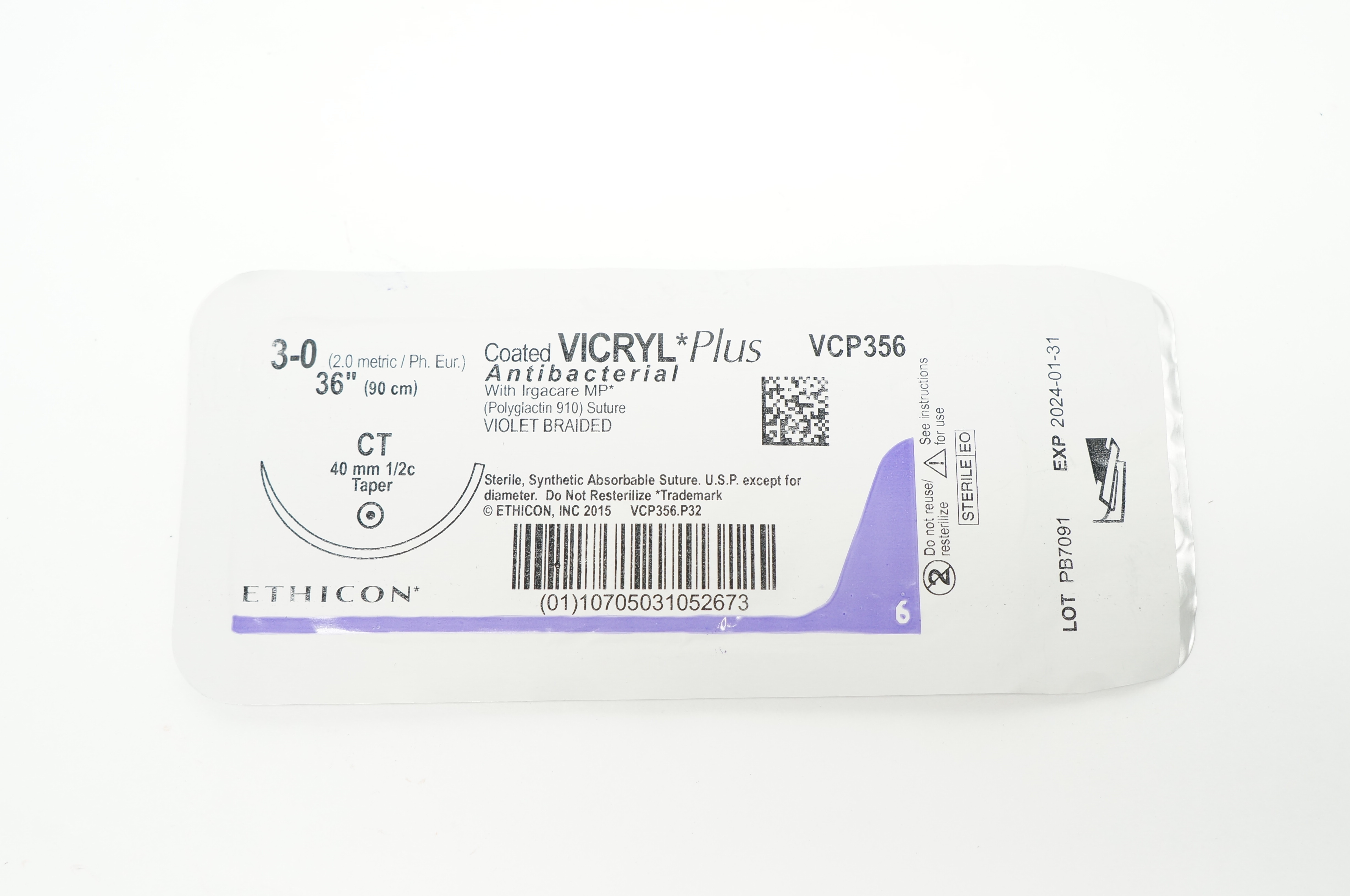 Ethicon VCP356 3-0 VICRYL Plus, CT 40mm 1/2c Taper 36inch