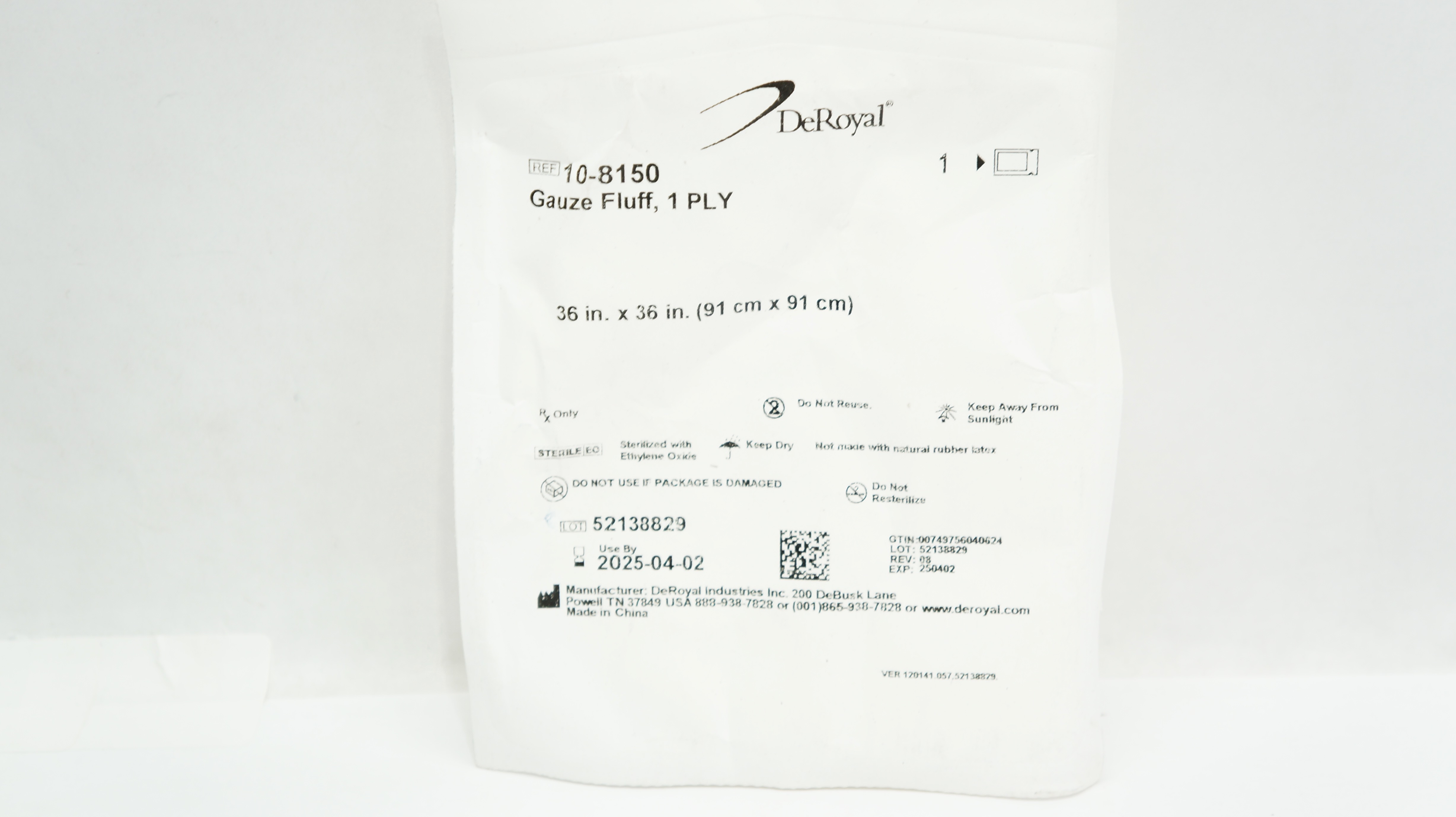 DeRoyal 10-8150 Gauze Fluff 1Ply, 36inch x 36inch