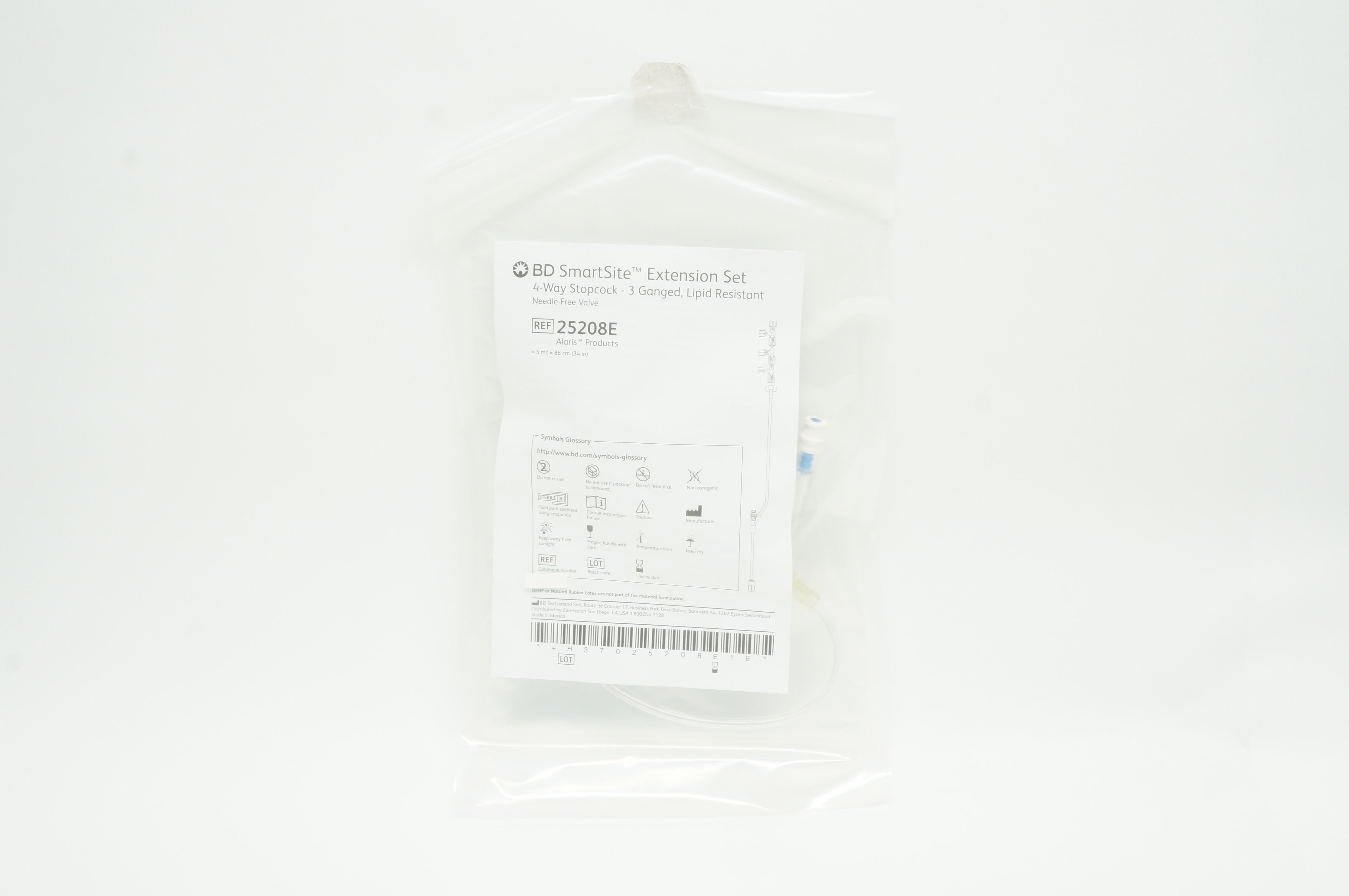 BD 25208E SmartSite Extension Set 4-Way Stopcock -3 Ganged, Lipid Resistant 34in