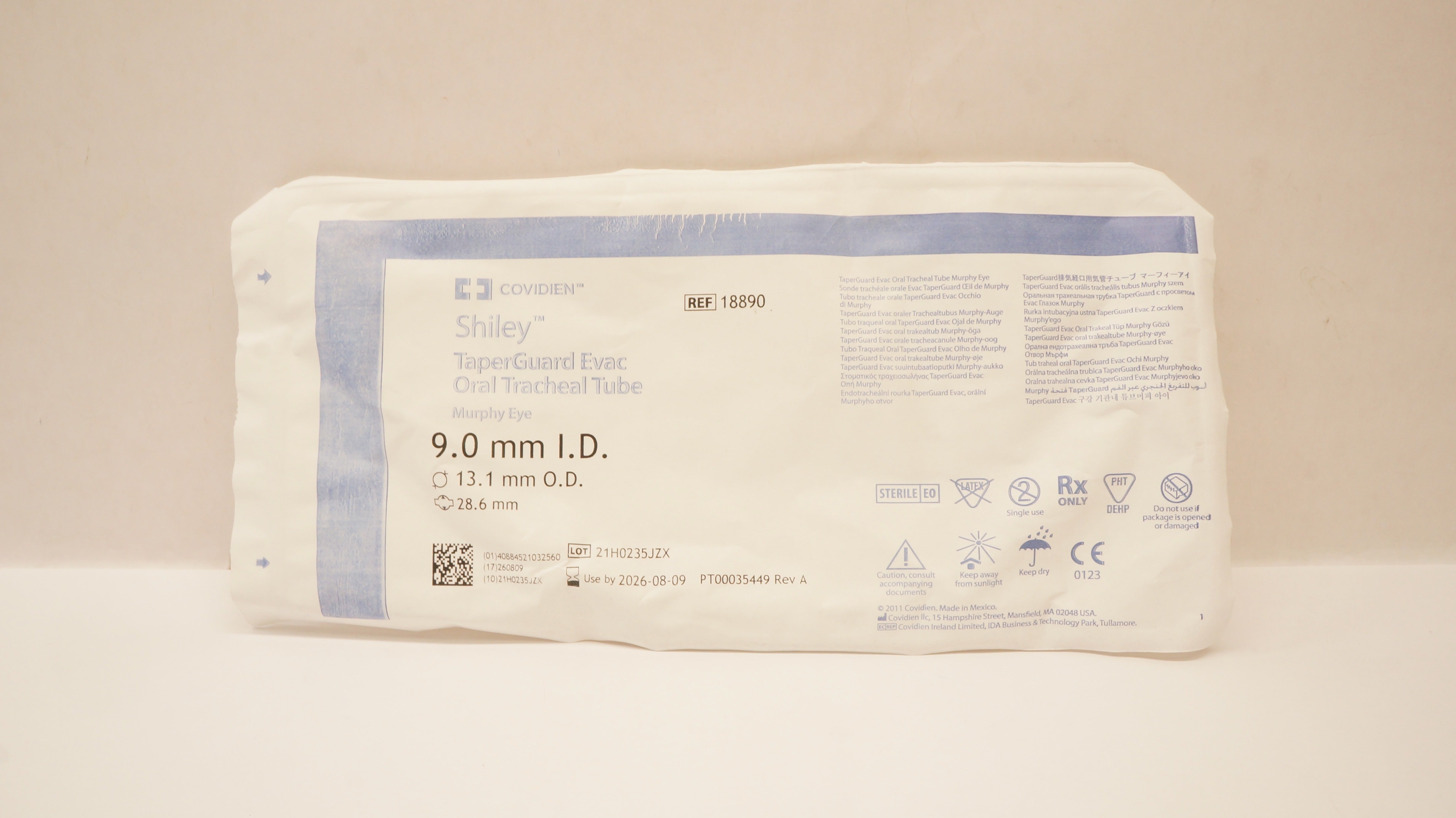 Covidien 18890 Shiley TaperGuard Evac Oral Tracheal Tube 9.0ID x 13.1OD x 28.6mm